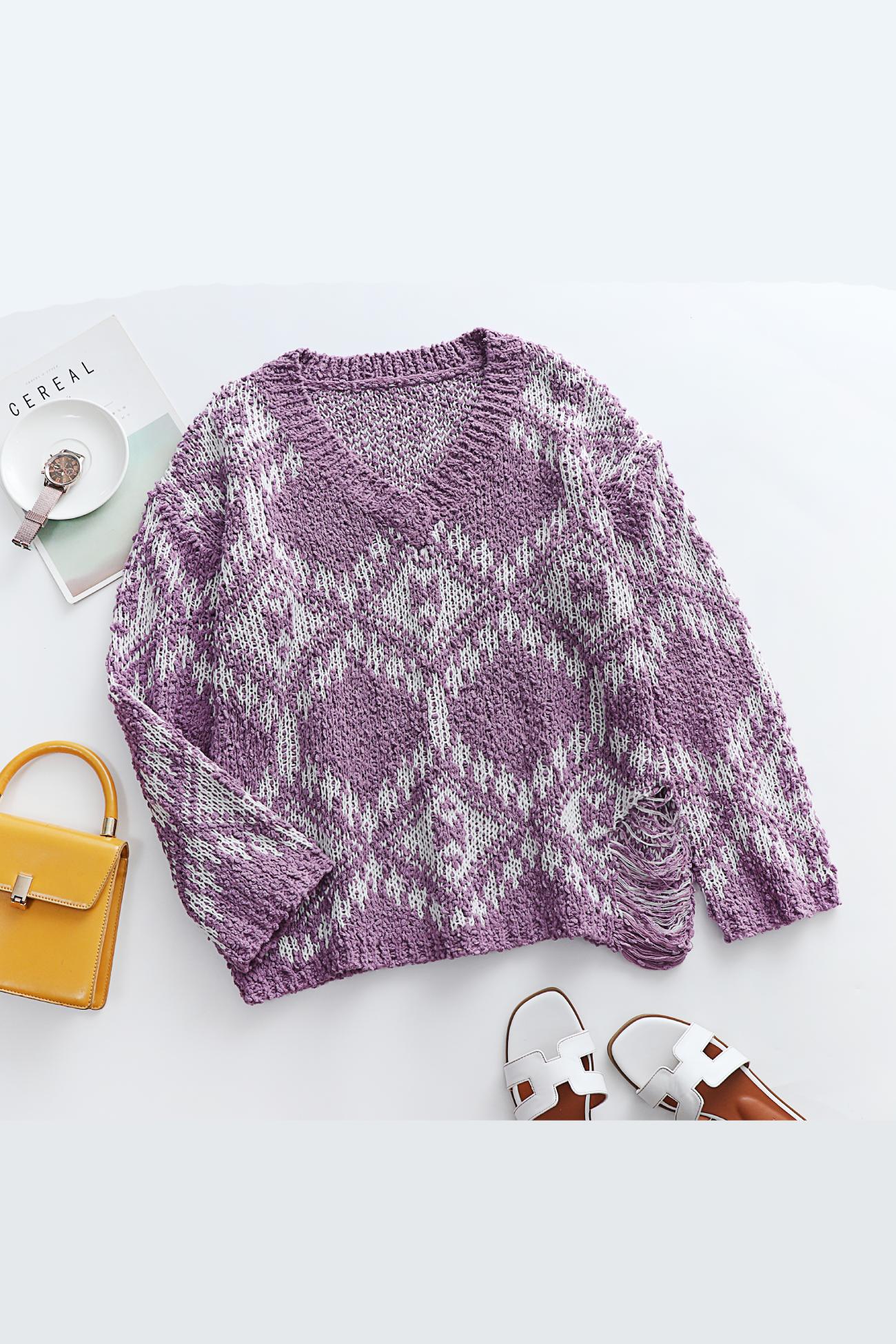 V Neckline Intarsia Knitted Top