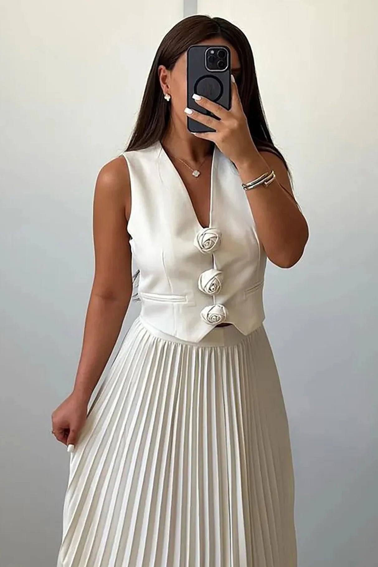 3D Floral Vest Pleated Maxi Skirt Sets