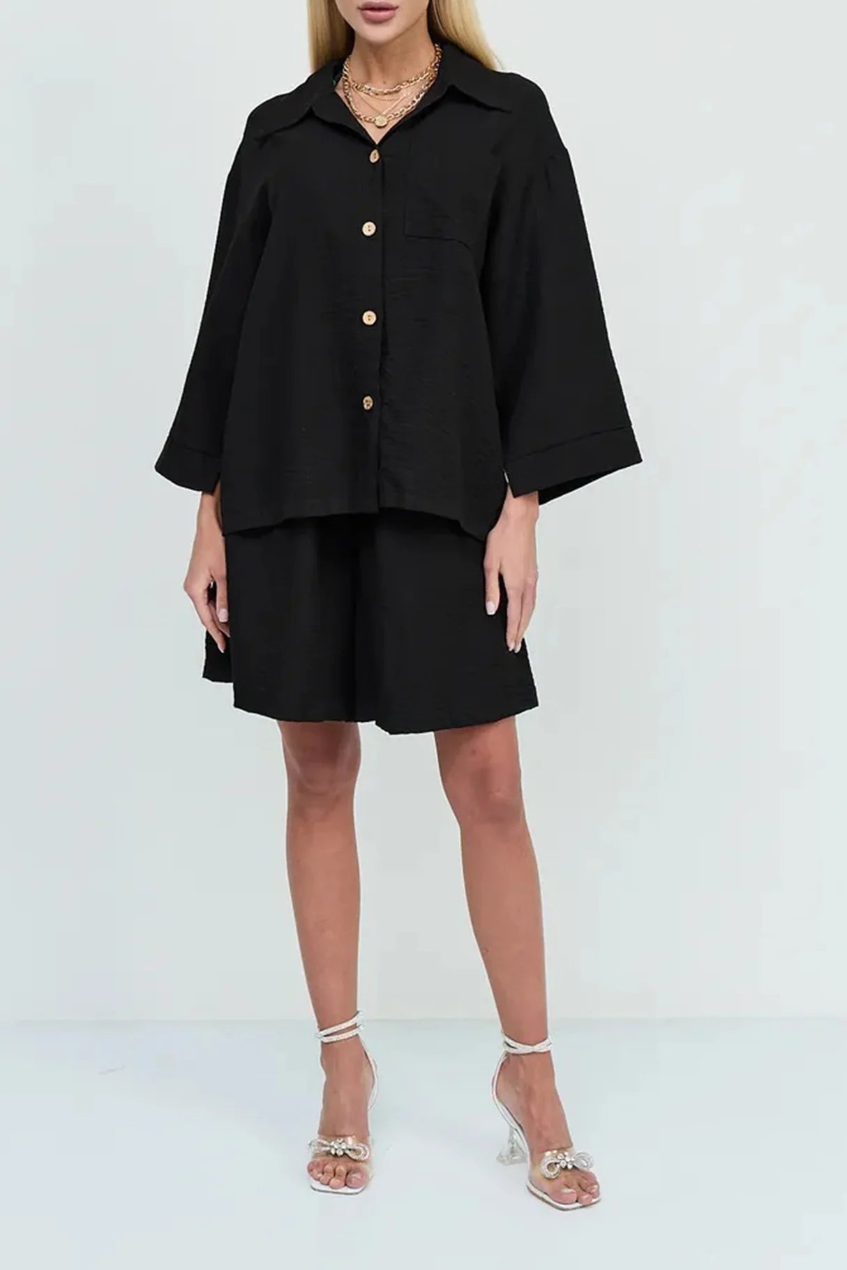 Solid Color Shirt Single-breasted Bermuda Shorts Set