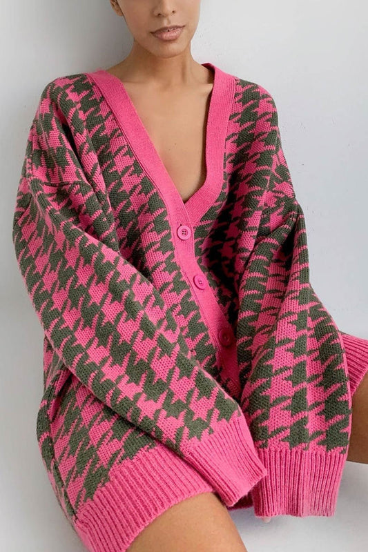 V Neck Houndstooth Contrast Mid Length Cardigan