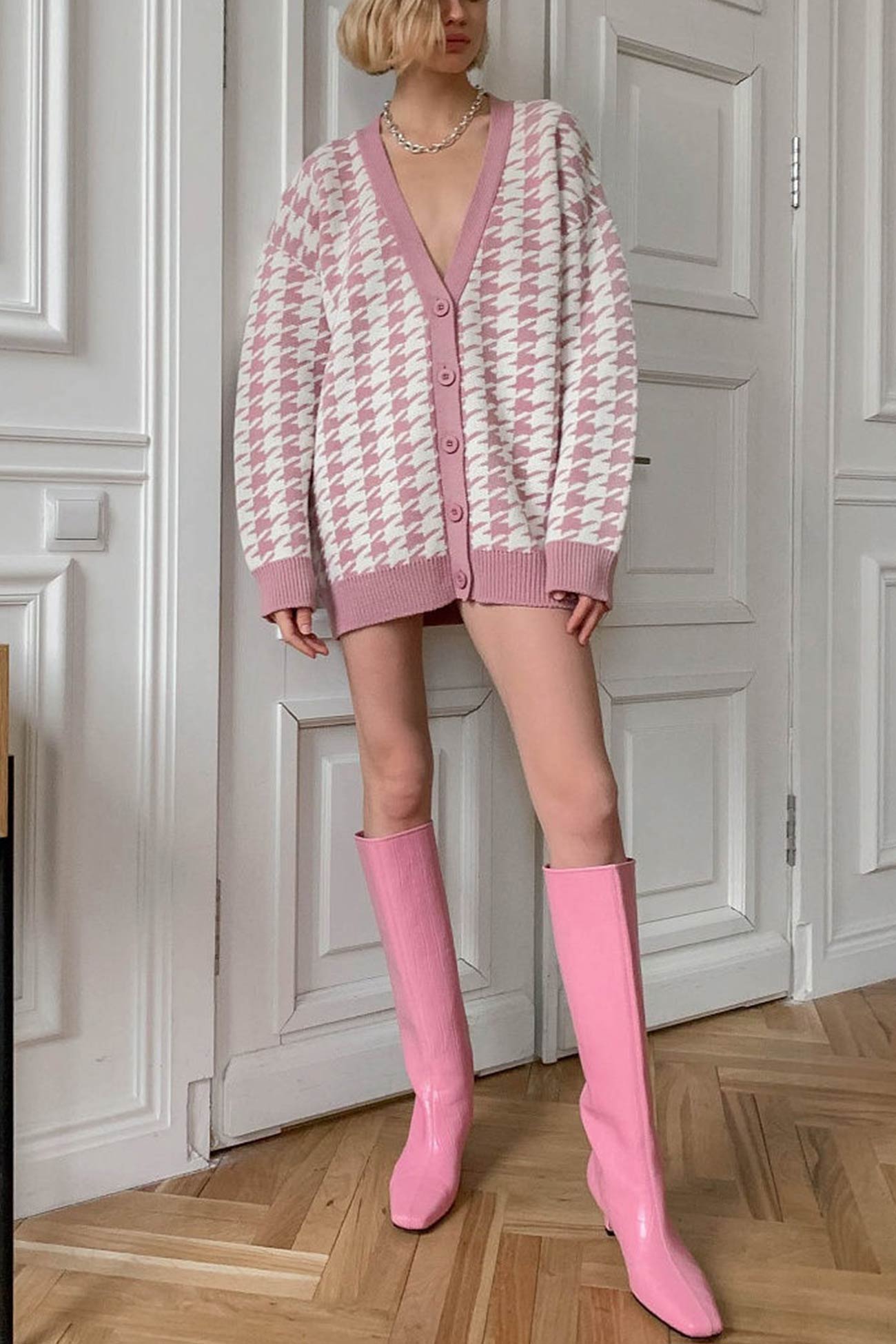 V Neck Houndstooth Contrast Mid Length Cardigan