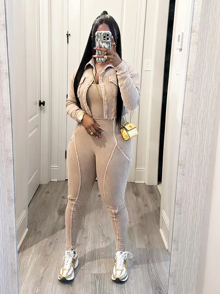 Washed Cropped Jacket & Jumpsuit Set