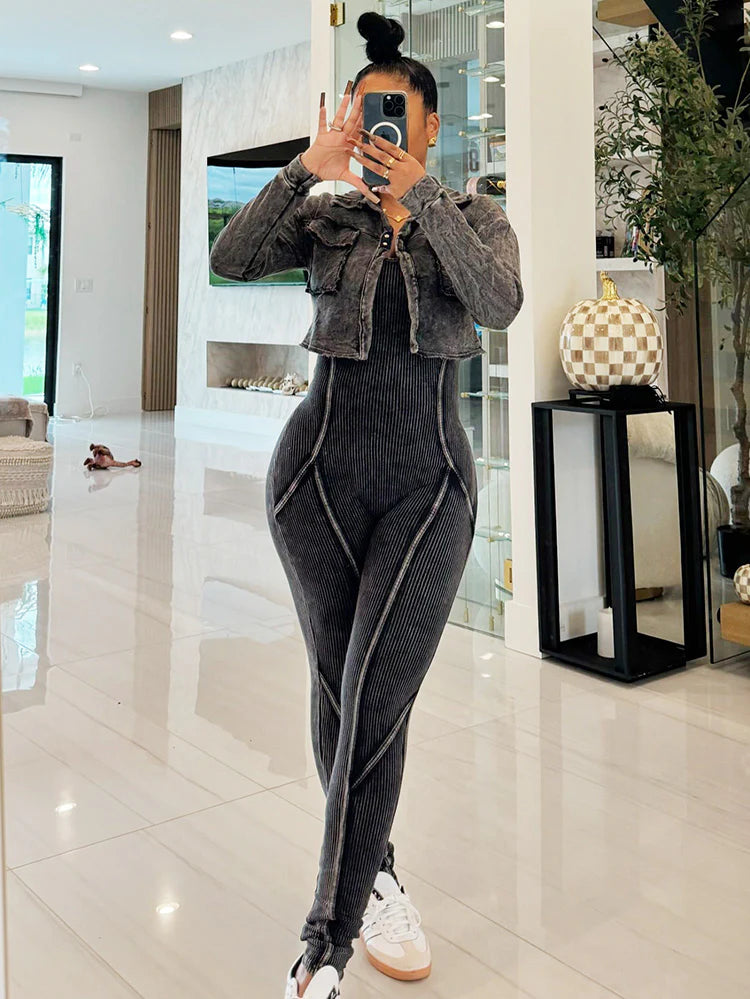 Washed Cropped Jacket & Jumpsuit Set