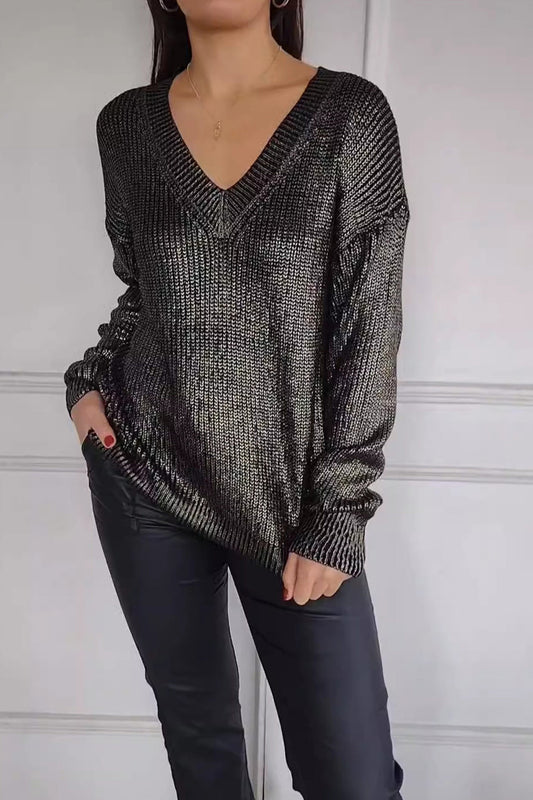 V Neck Bright Silk Pullover Sweater