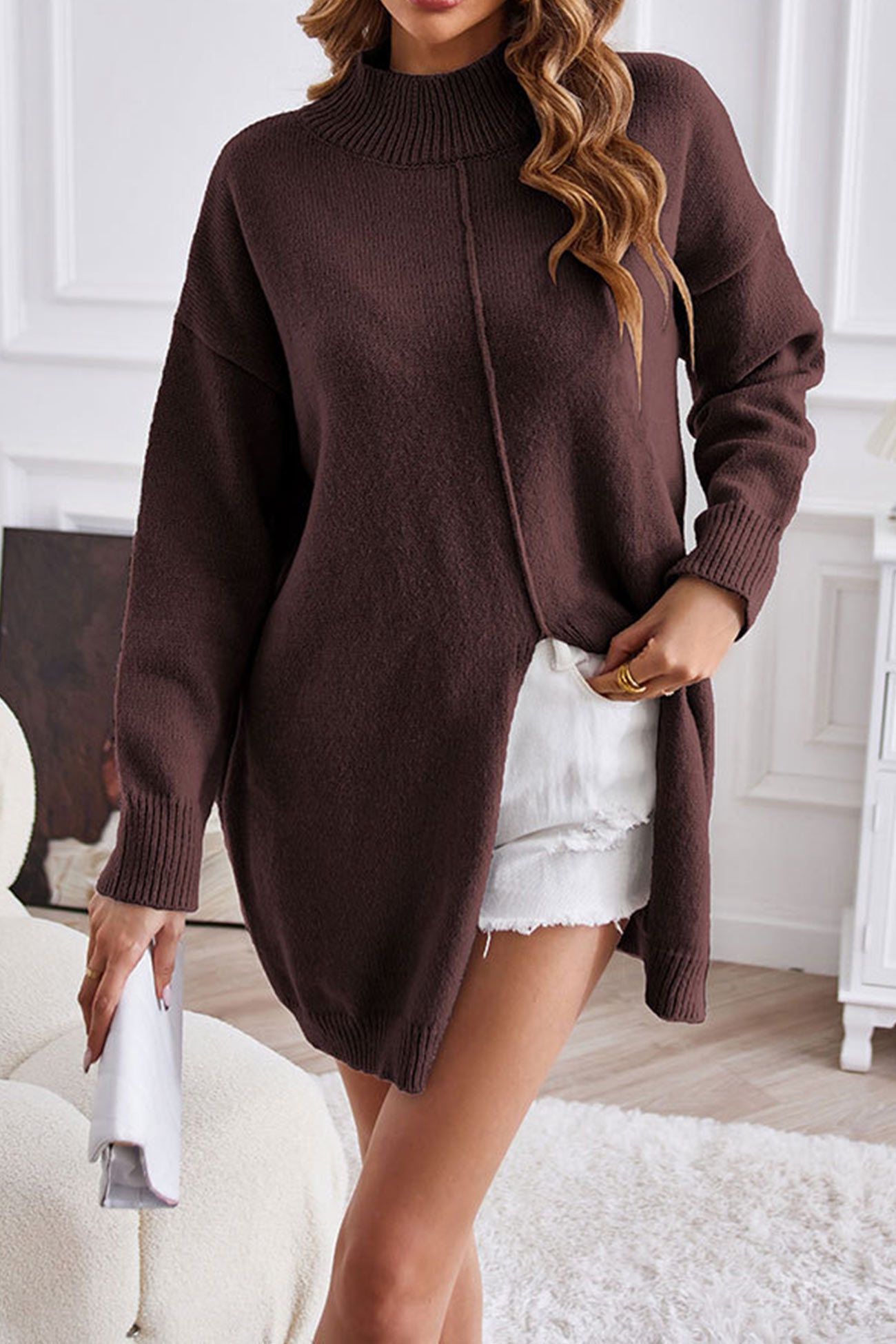 Turtleneck Slit Front Mid Length Sweater