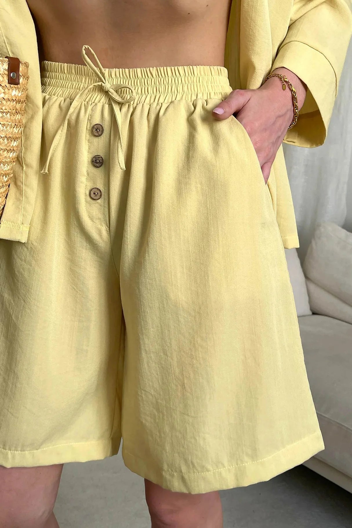 Solid Color Shirt Single-breasted Bermuda Shorts Set