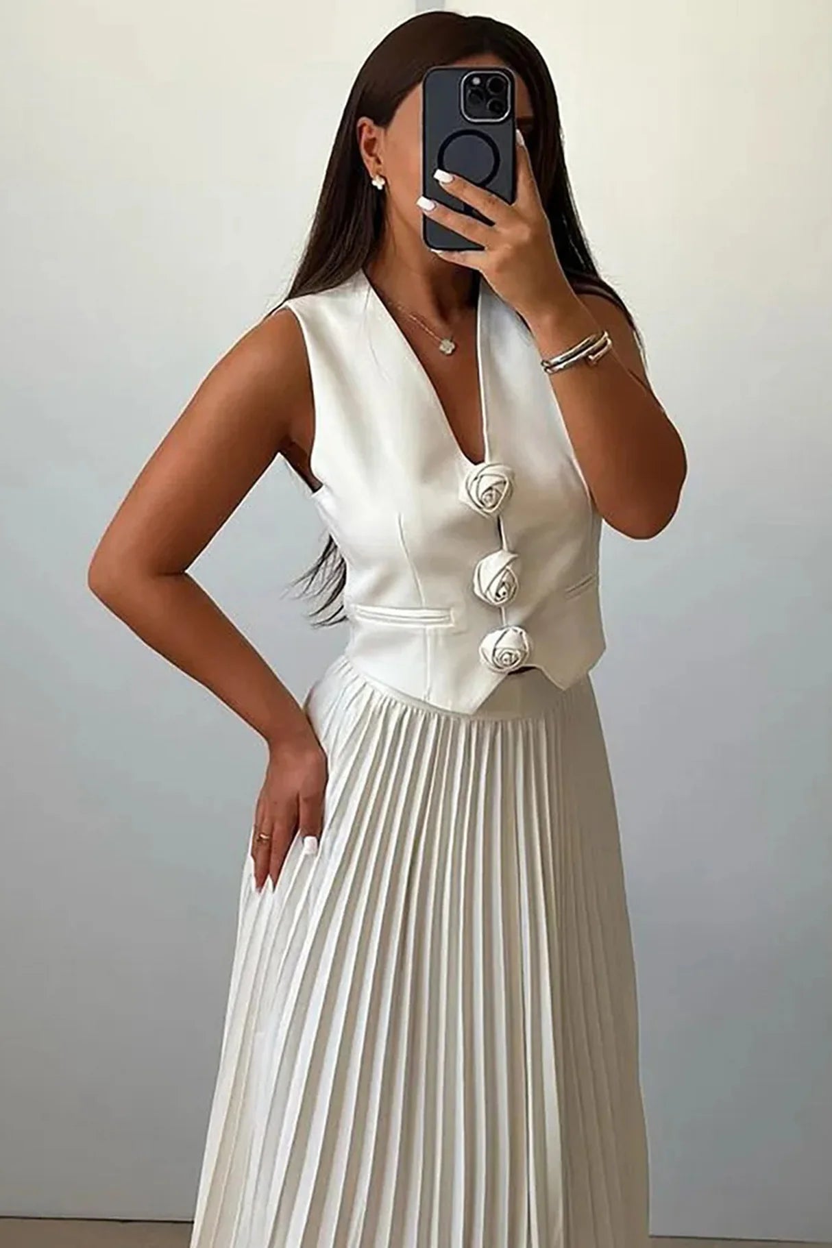 3D Floral Vest Pleated Maxi Skirt Sets