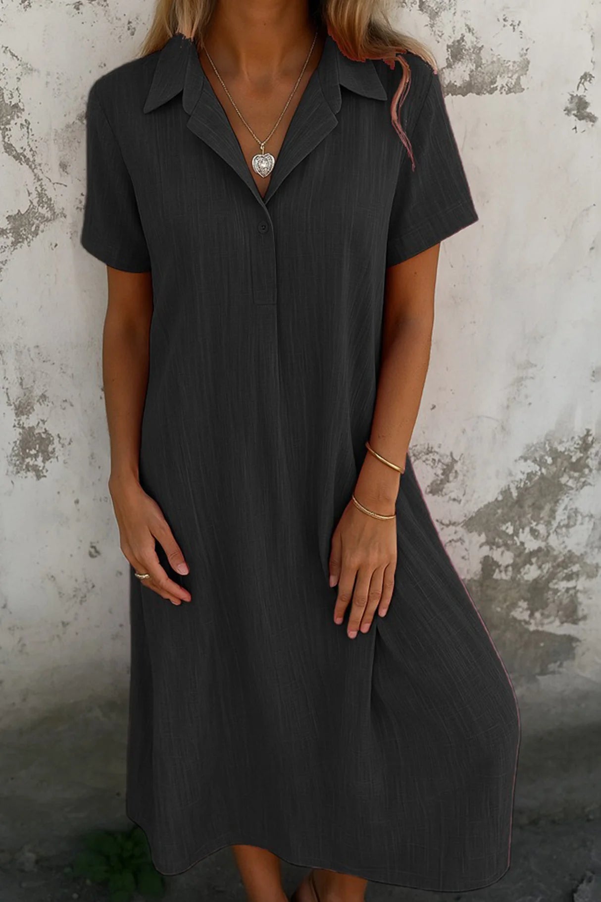 V-Neck Solid Color Short-Sleeve Shirt Dress