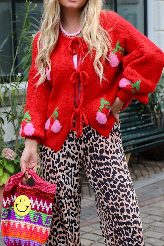Cherry Jacquard Tie Up Cardigan