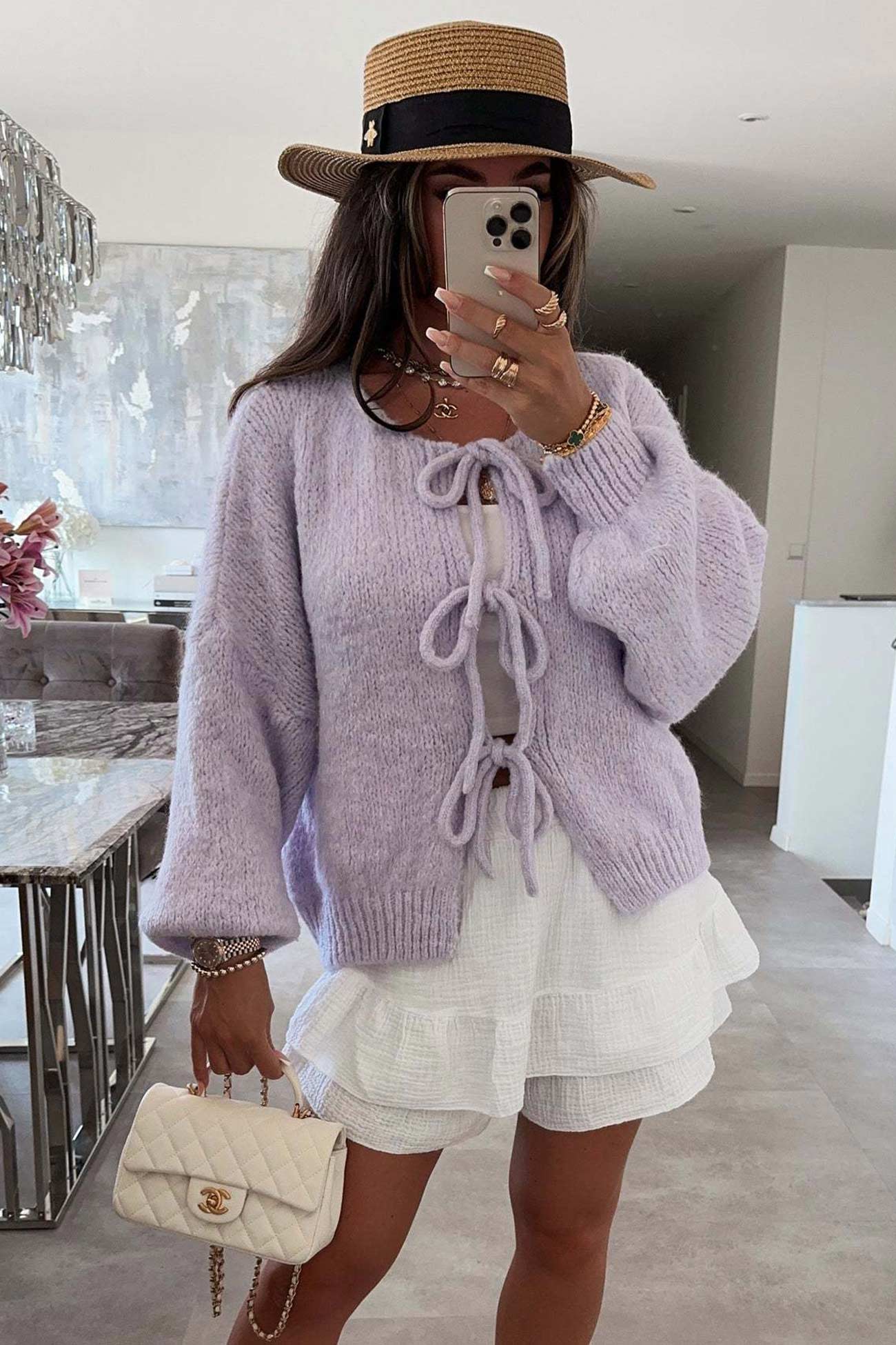 Tie Up Lantern Sleeve Cardigan