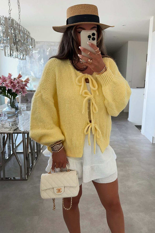 Tie Up Lantern Sleeve Cardigan