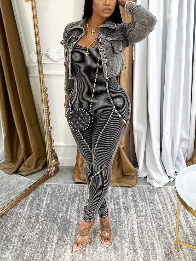 Washed Cropped Jacket & Jumpsuit Set