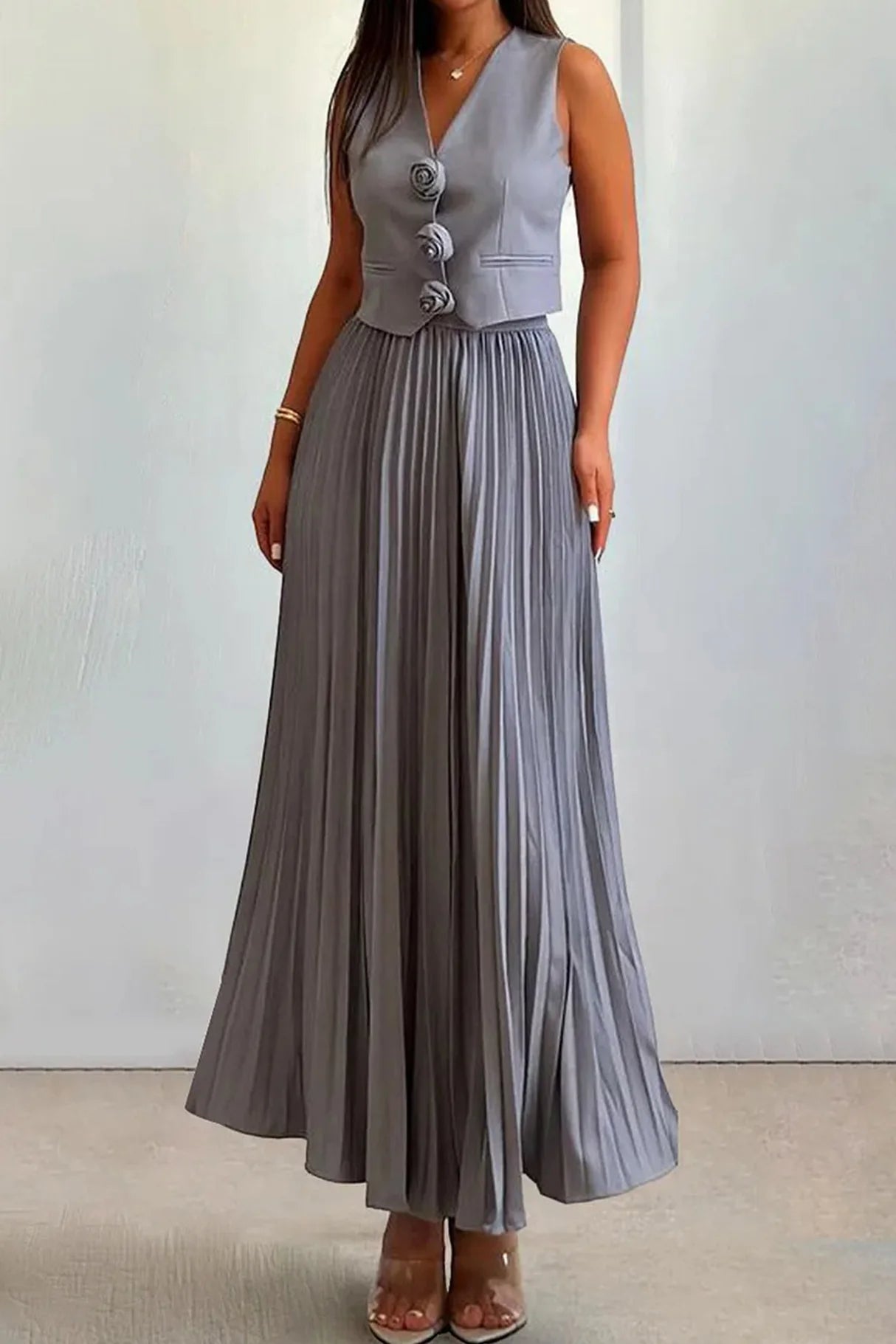 3D Floral Vest Pleated Maxi Skirt Sets