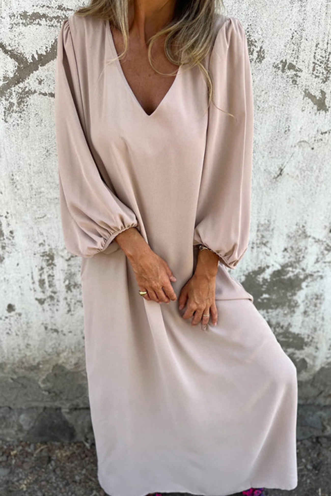 V Neck Lantern Sleeve Maxi Dress