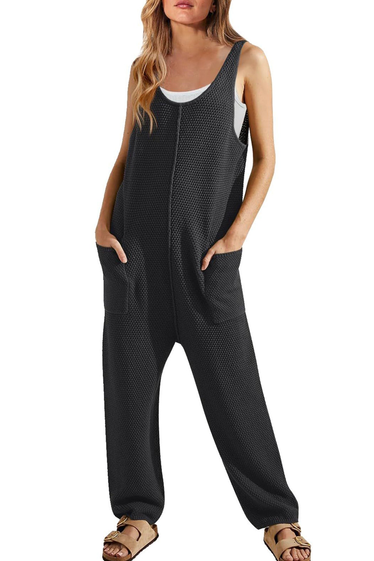 Sleeveless U Neck Dual Pocket Jeans