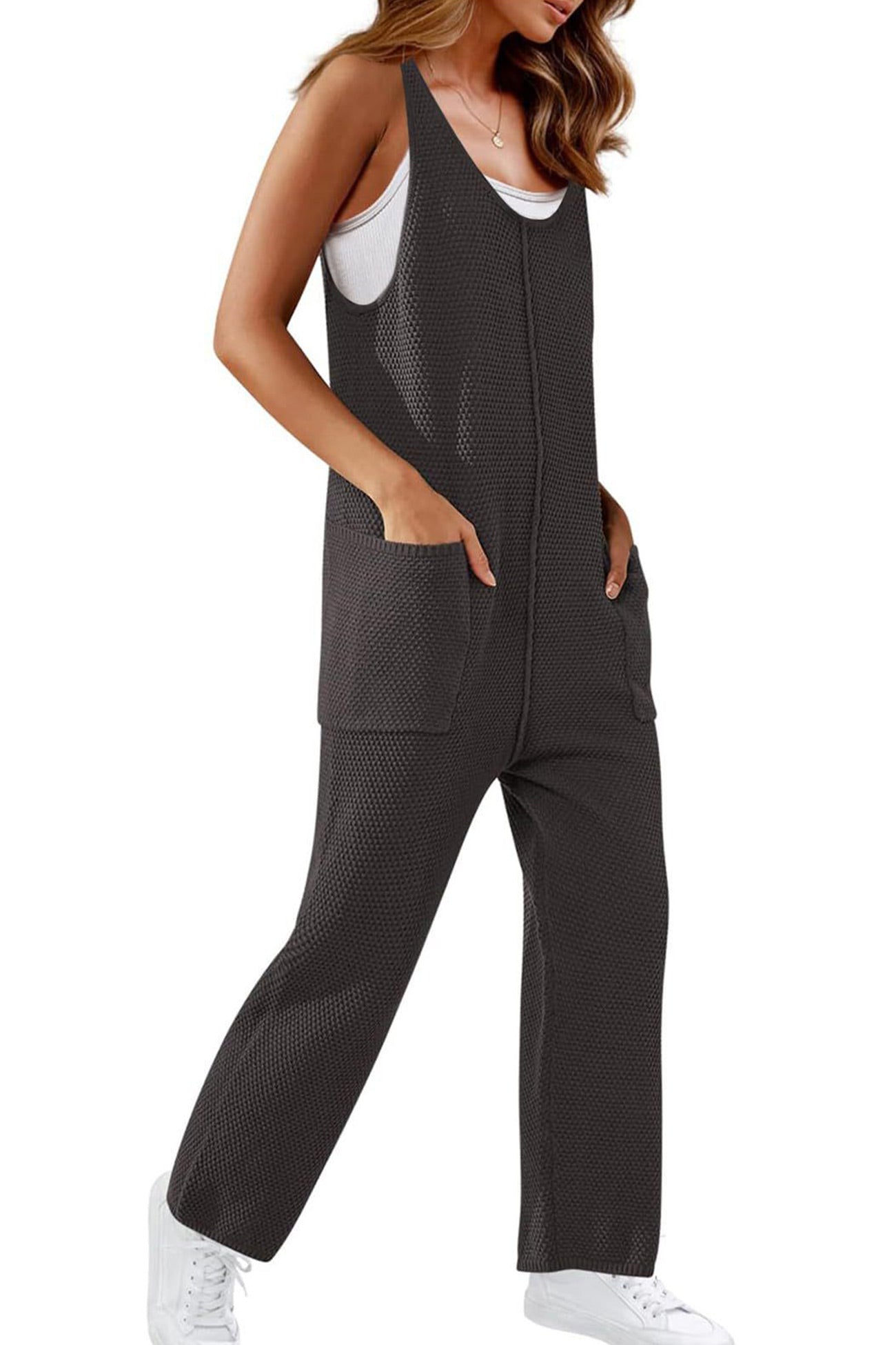 Sleeveless U Neck Dual Pocket Jeans