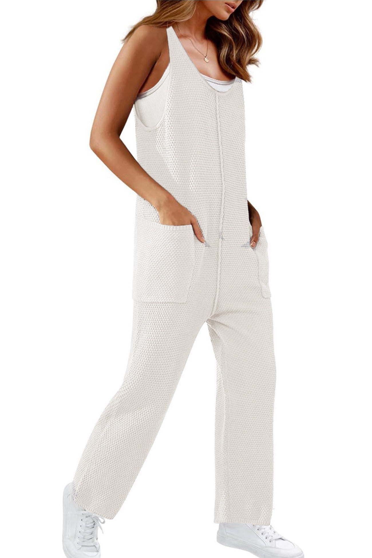 Sleeveless U Neck Dual Pocket Jeans