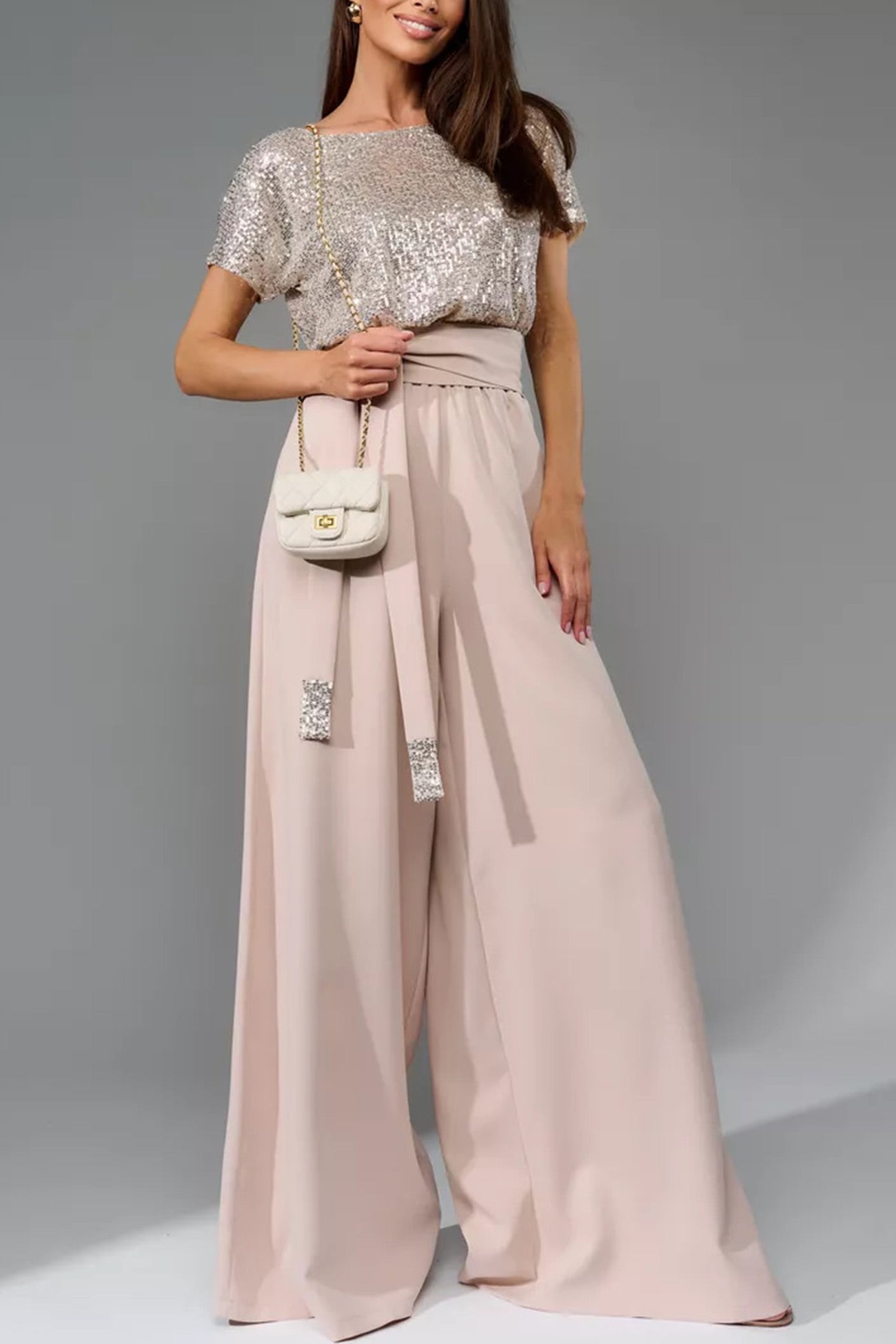 Sequin Patchwork Short Sleeve High Waist Jumpsuits Sets