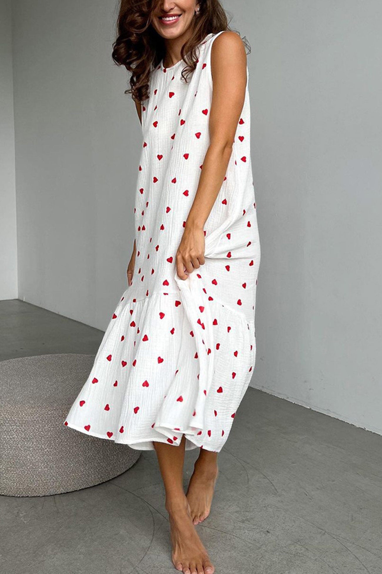 Heart Print Ruched Hem Cotton Tank Dress