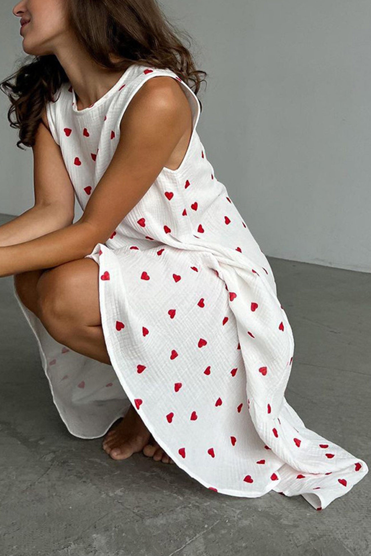 Heart Print Ruched Hem Cotton Tank Dress