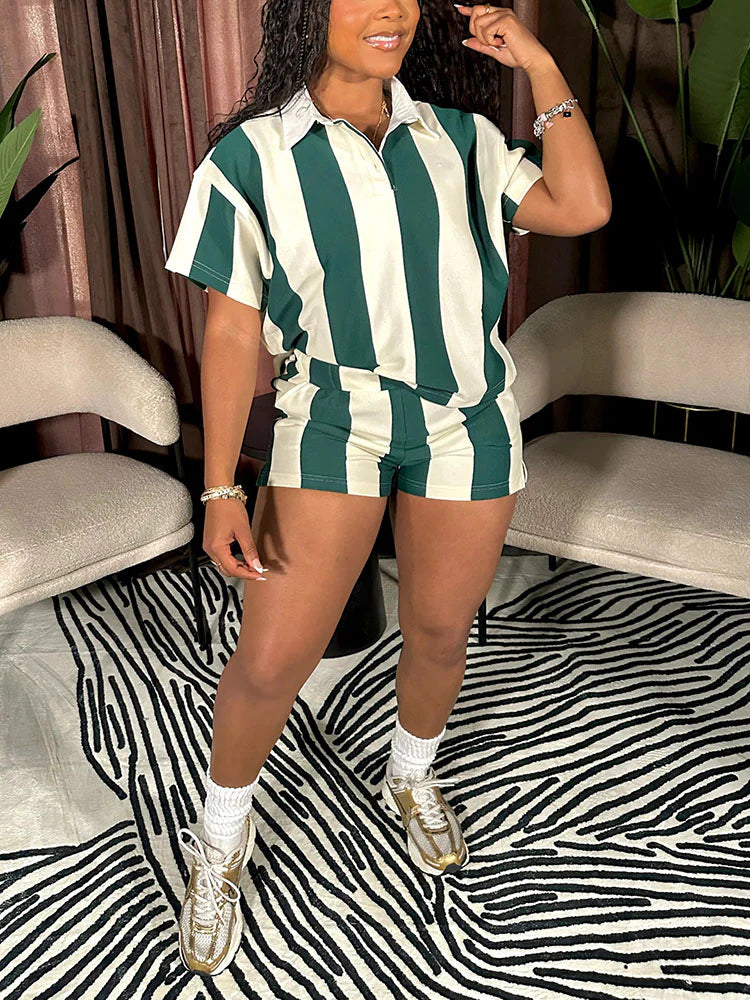 Striped Polo Top & Shorts Set