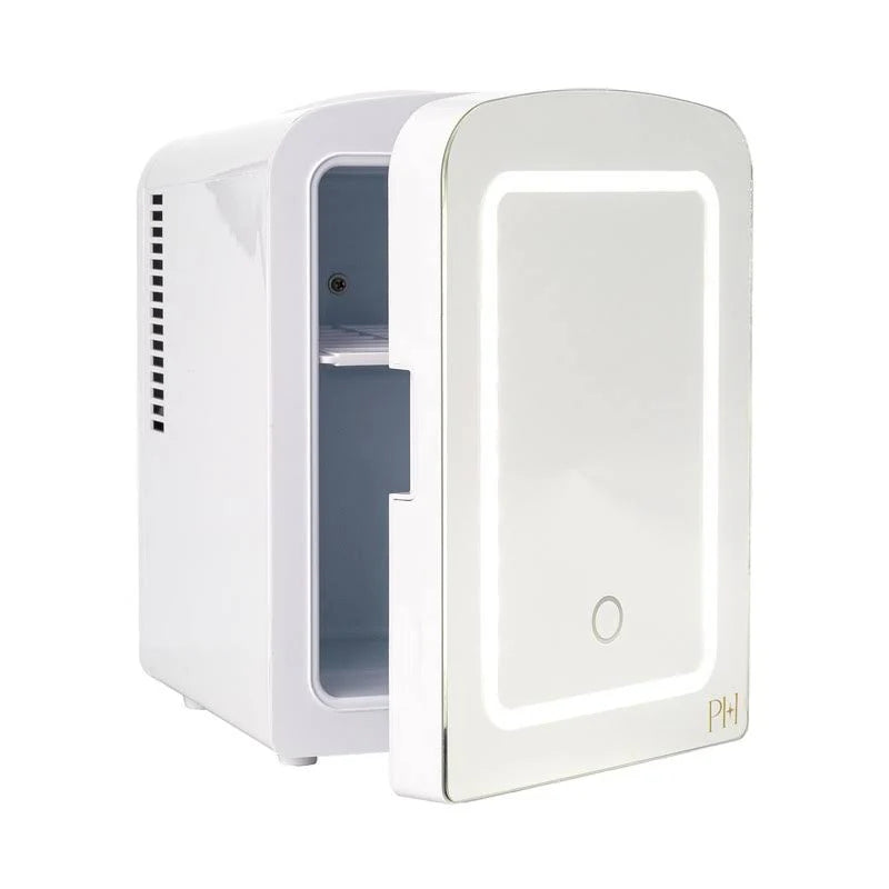 Paris Hilton Mini Refrigerator and Personal Beauty Fridge, Mirrored Door with Dimmable LED Light, Thermoelectric Cooling and Warming Function for