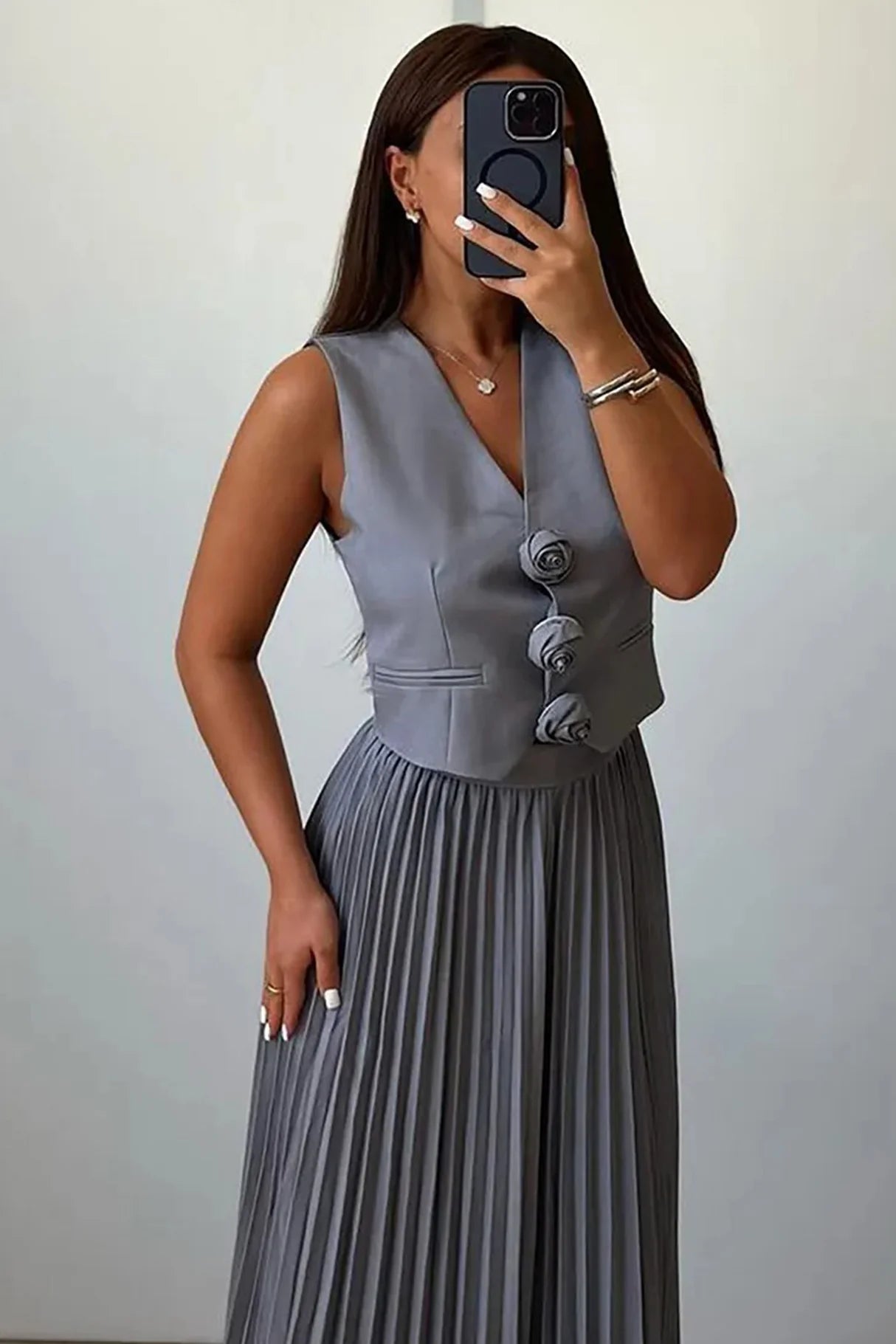 3D Floral Vest Pleated Maxi Skirt Sets
