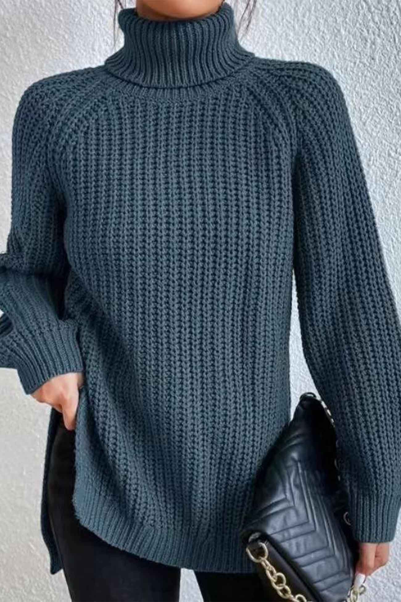 Raglan Sleeve Turtleneck Slit Mid Length Sweater