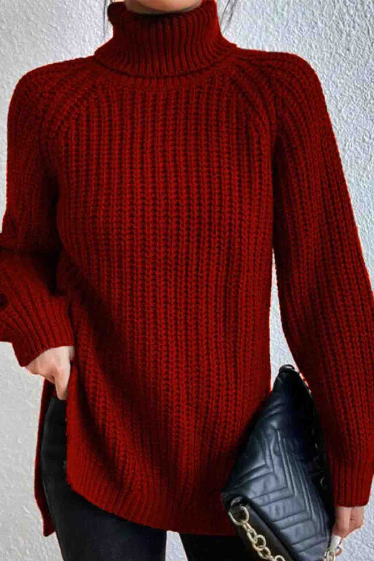 Raglan Sleeve Turtleneck Slit Mid Length Sweater