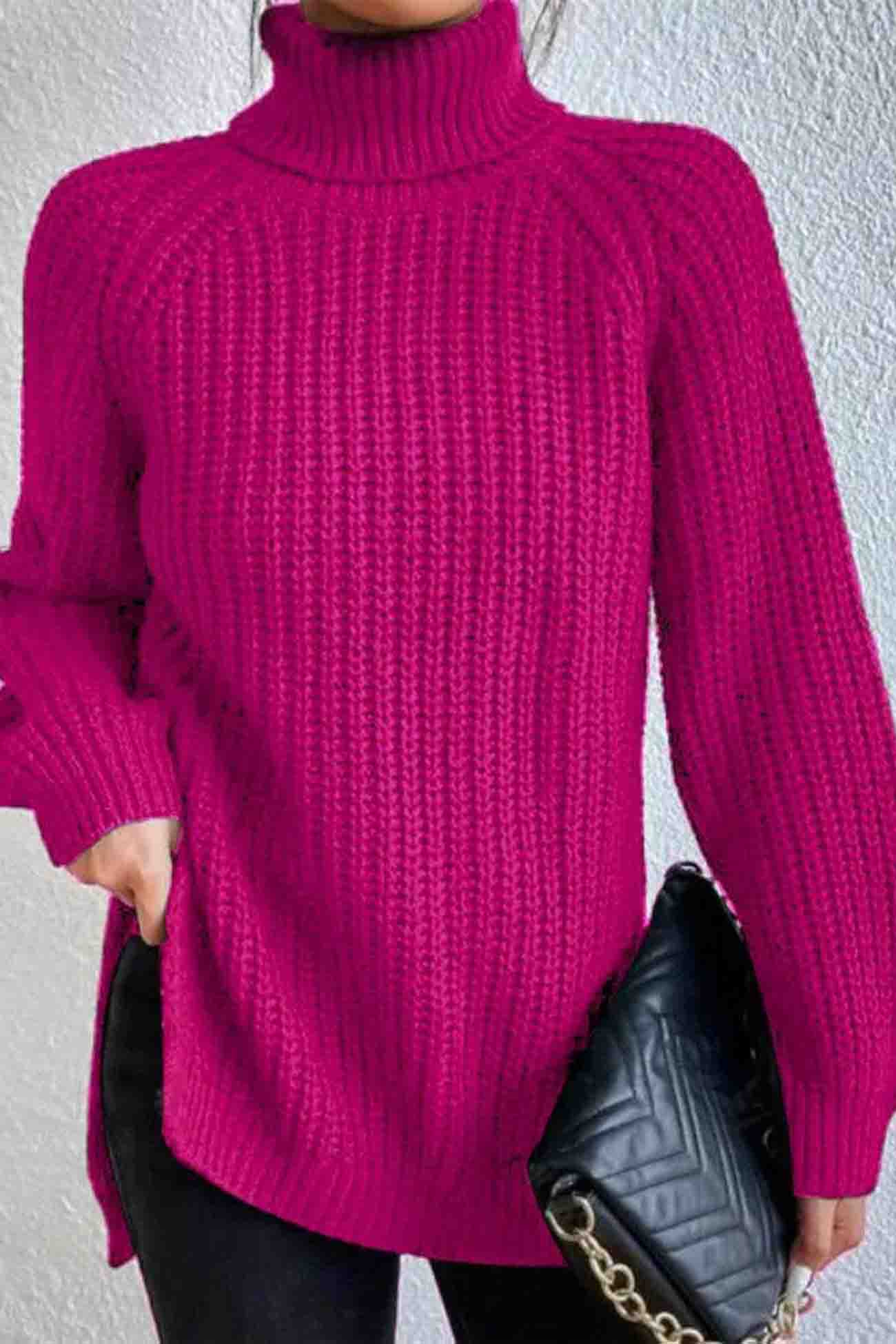 Raglan Sleeve Turtleneck Slit Mid Length Sweater