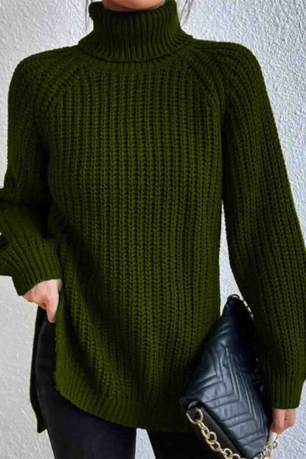 Raglan Sleeve Turtleneck Slit Mid Length Sweater