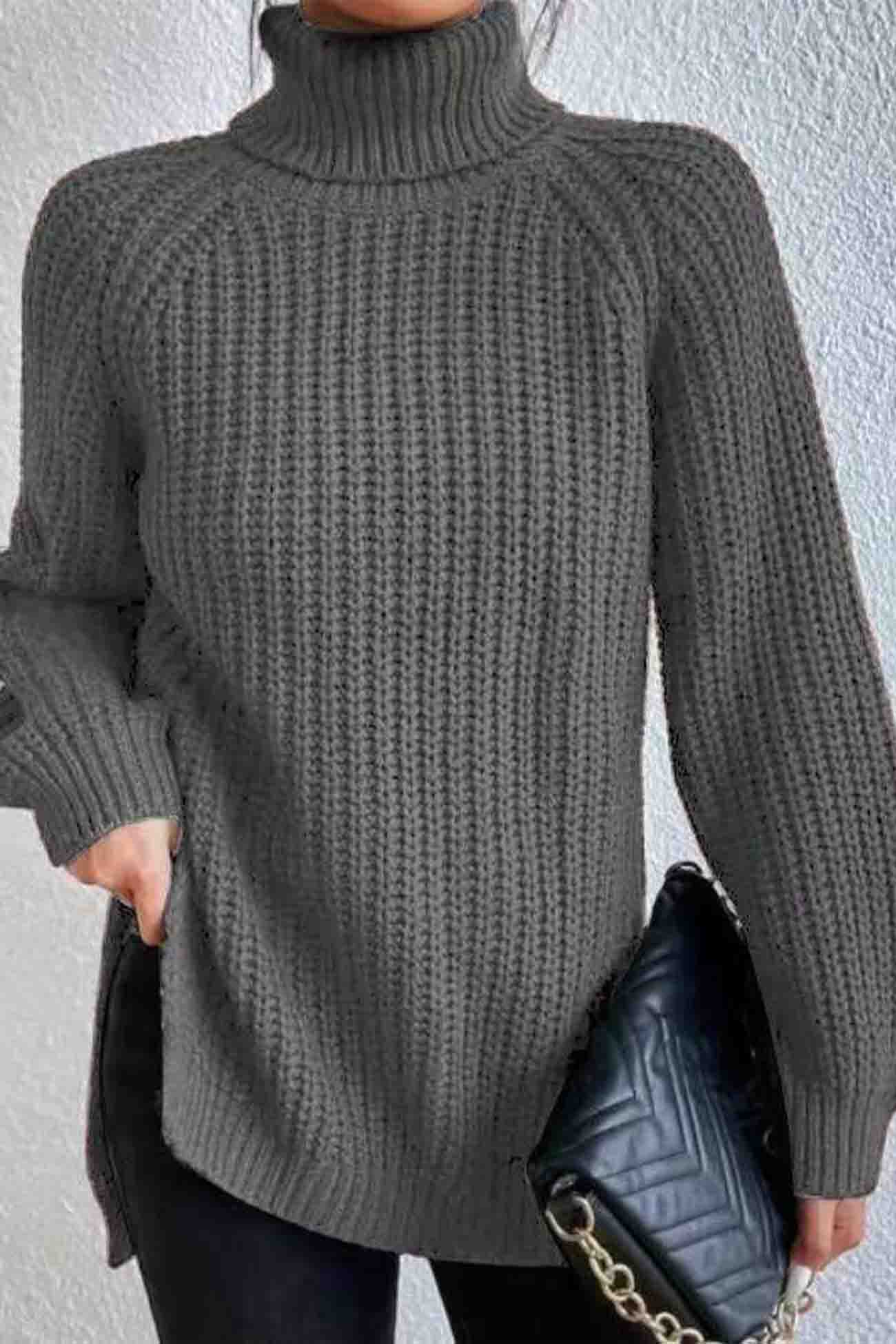 Raglan Sleeve Turtleneck Slit Mid Length Sweater