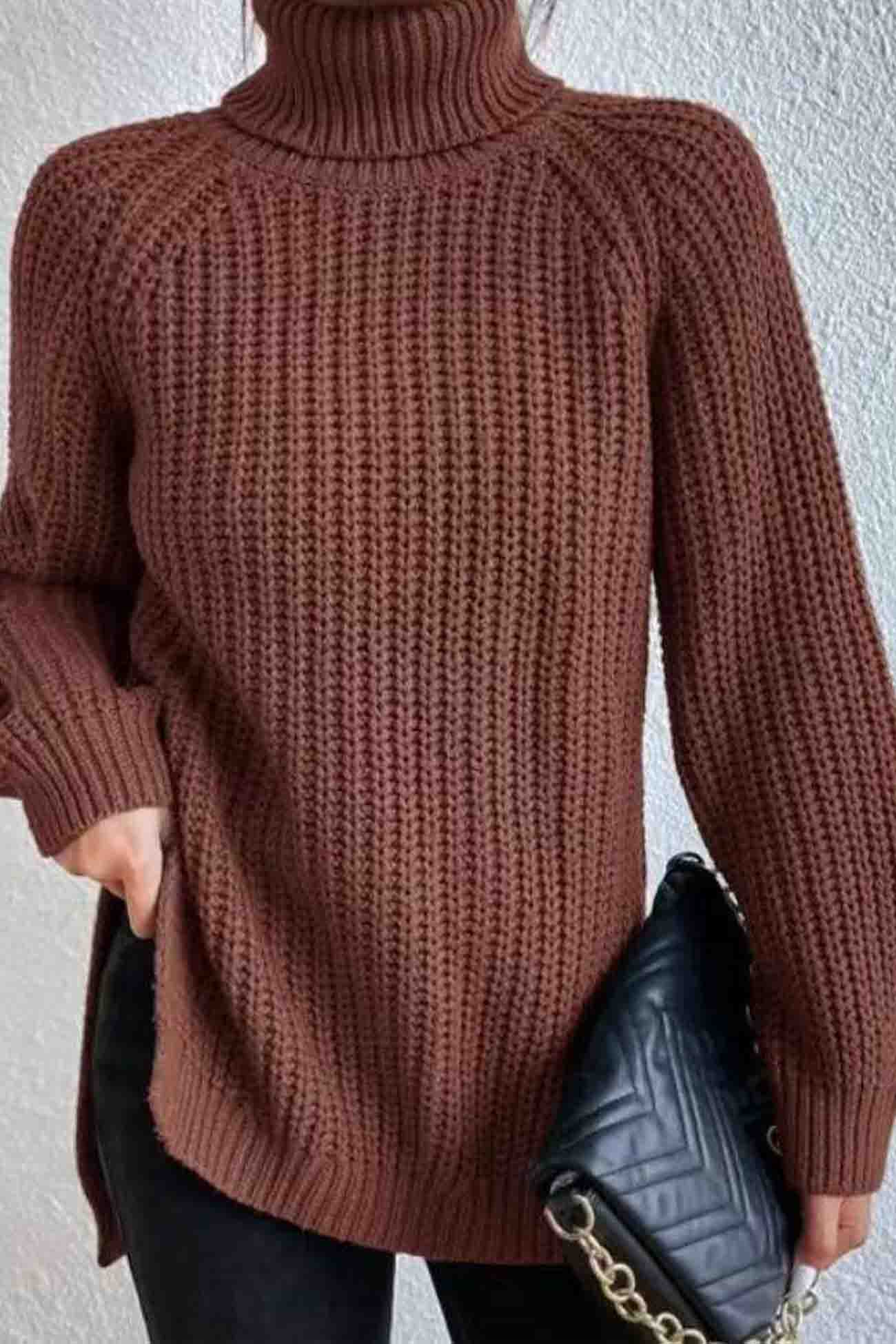 Raglan Sleeve Turtleneck Slit Mid Length Sweater