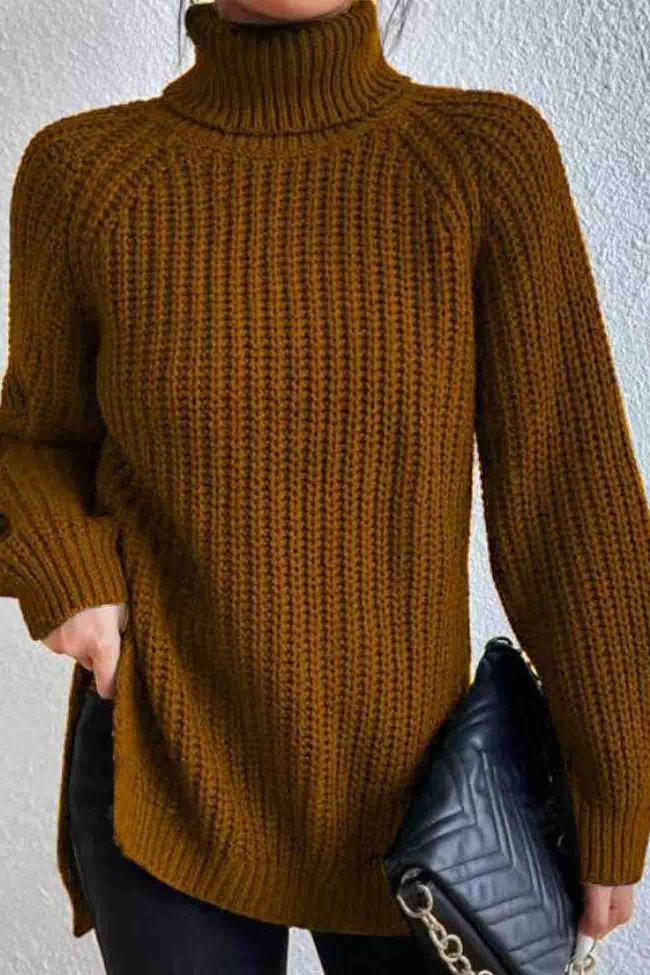 Raglan Sleeve Turtleneck Slit Mid Length Sweater