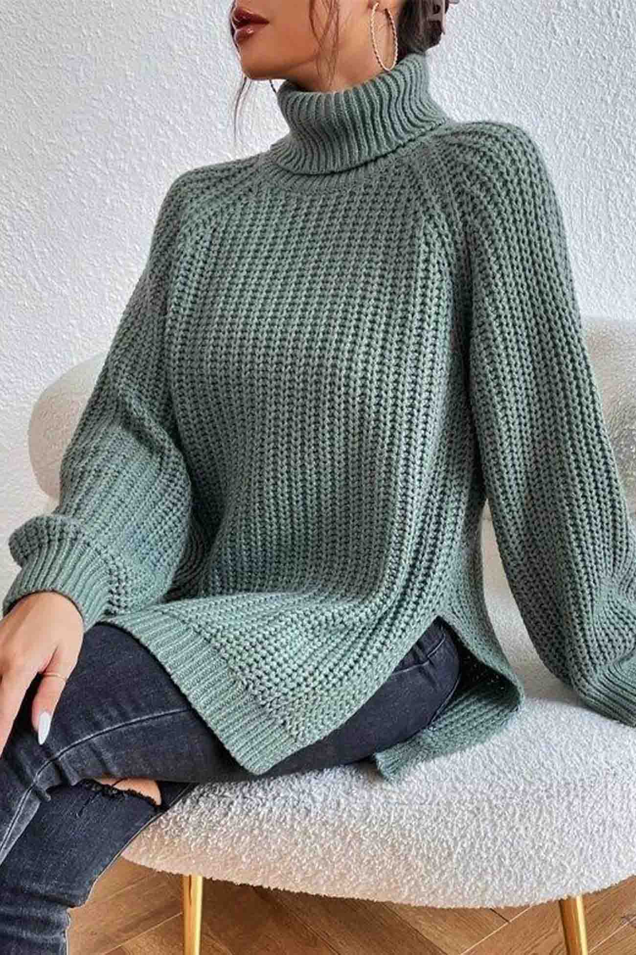 Raglan Sleeve Turtleneck Slit Mid Length Sweater