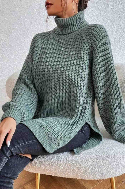 Raglan Sleeve Turtleneck Slit Mid Length Sweater