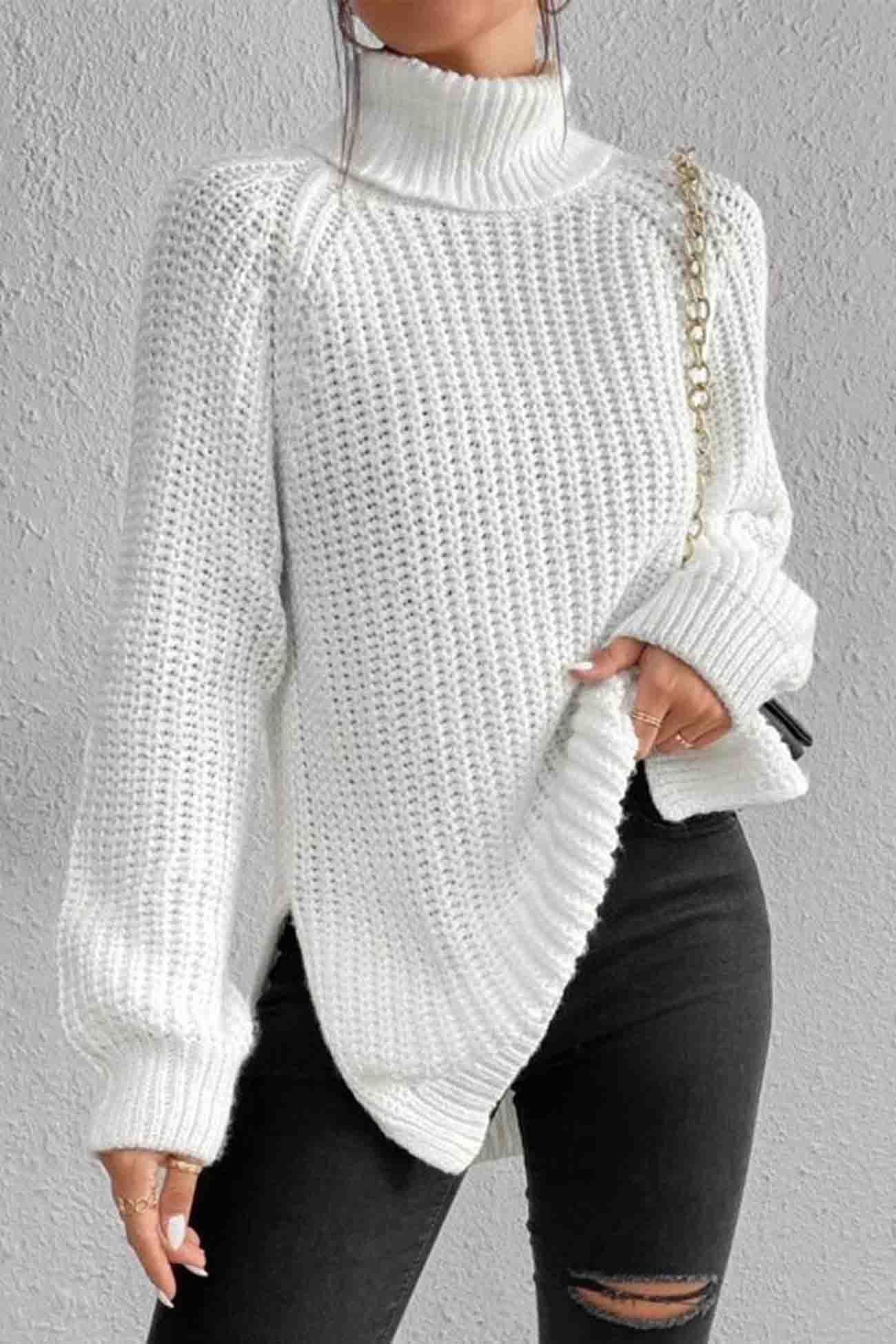 Raglan Sleeve Turtleneck Slit Mid Length Sweater
