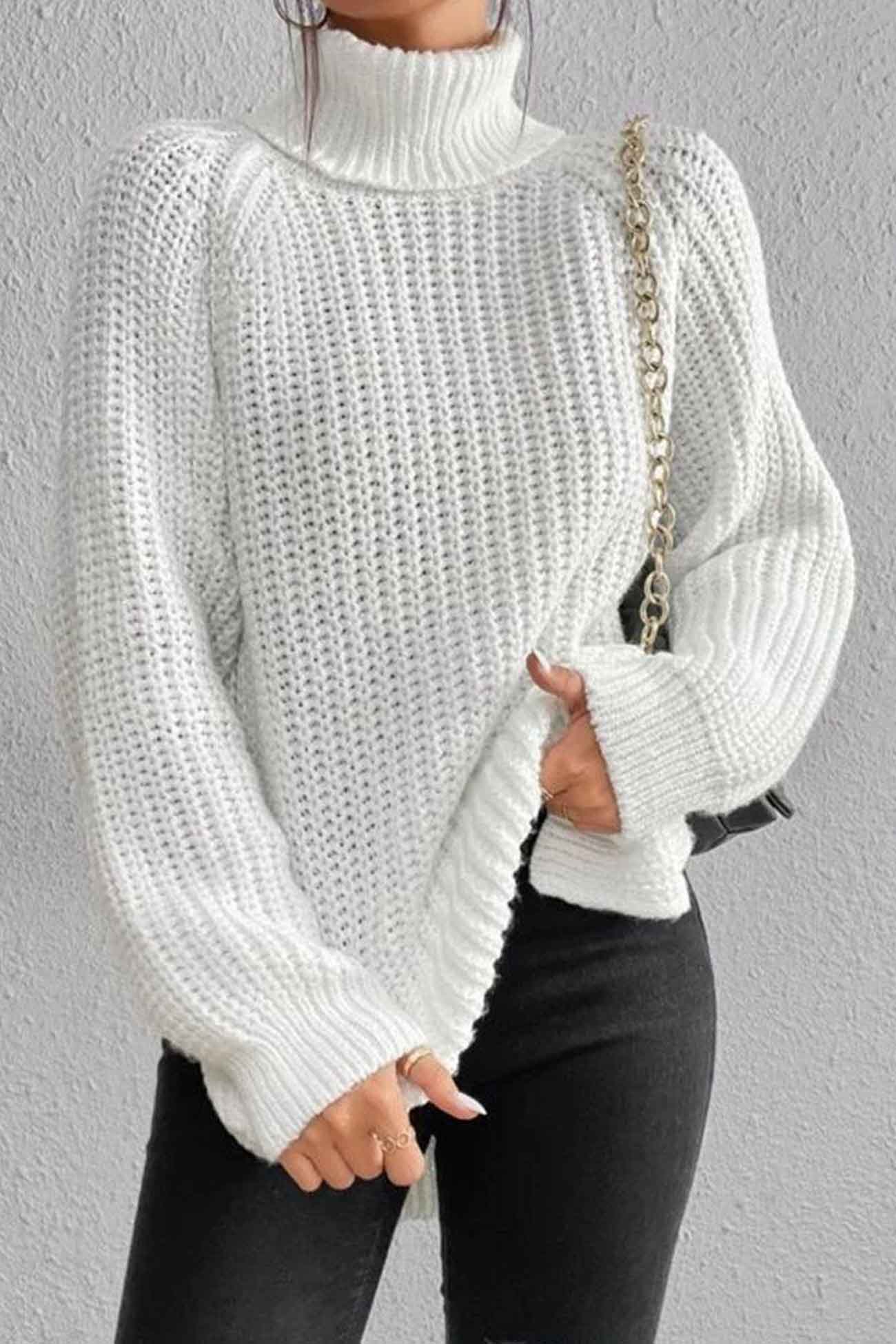 Raglan Sleeve Turtleneck Slit Mid Length Sweater