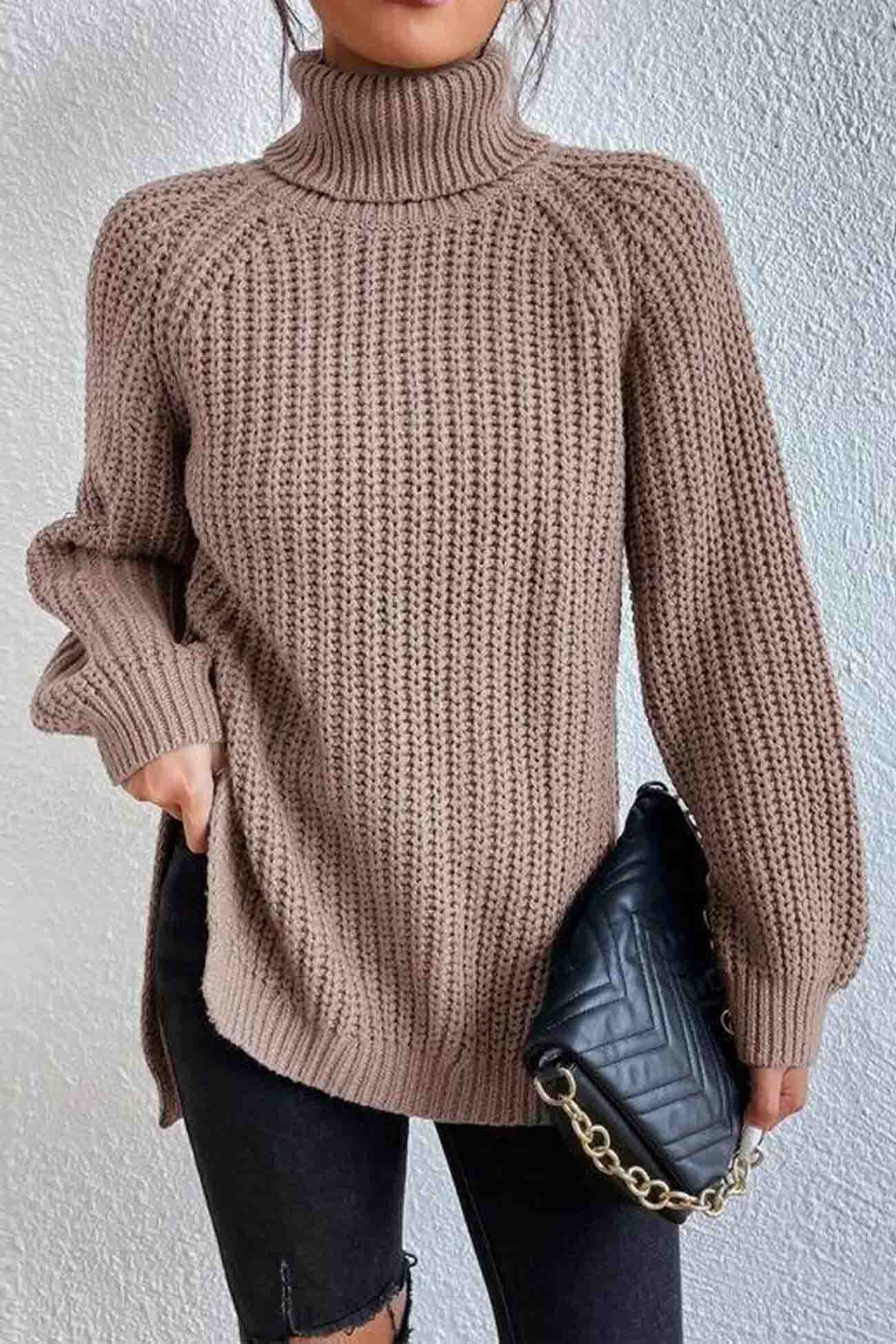 Raglan Sleeve Turtleneck Slit Mid Length Sweater