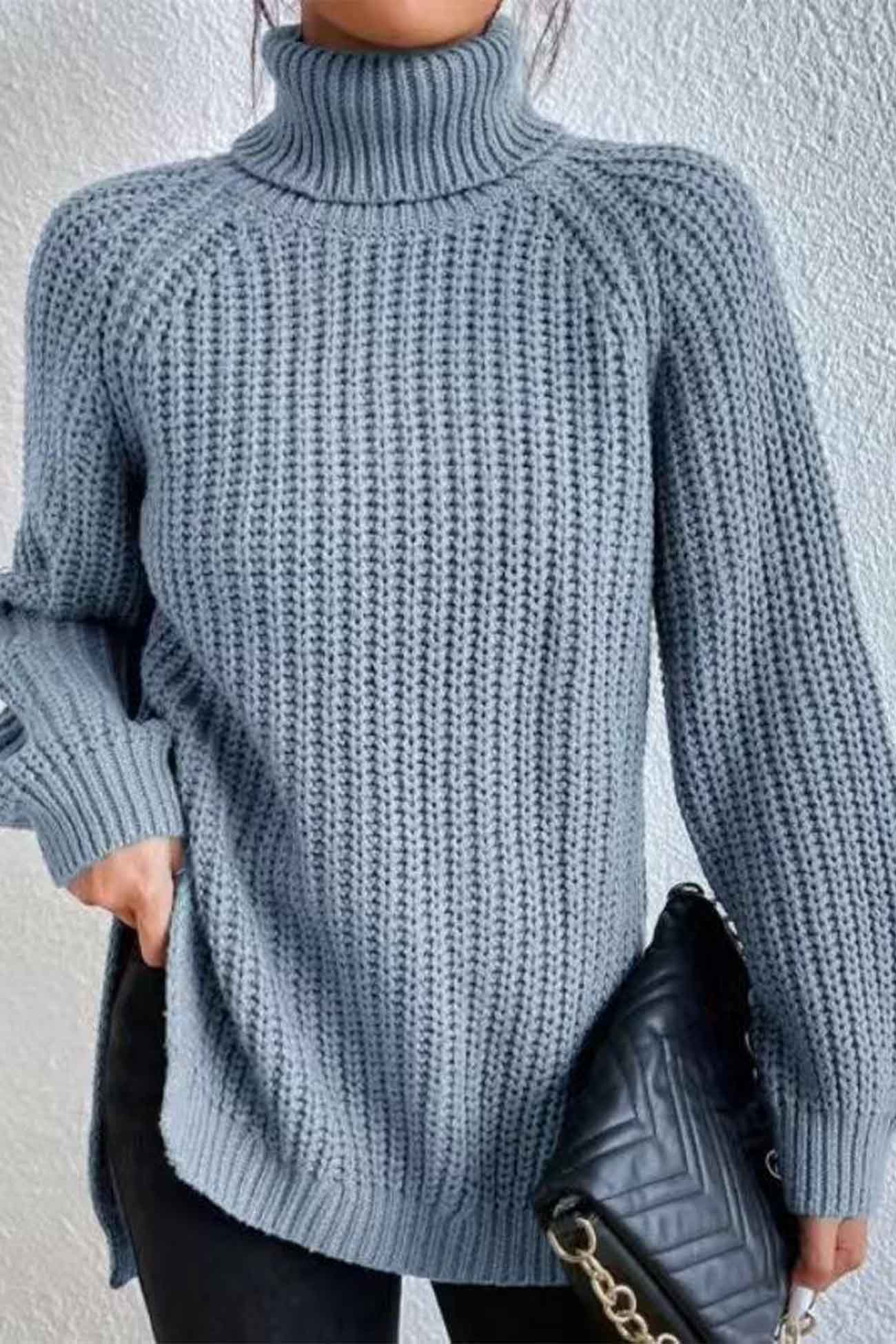Raglan Sleeve Turtleneck Slit Mid Length Sweater
