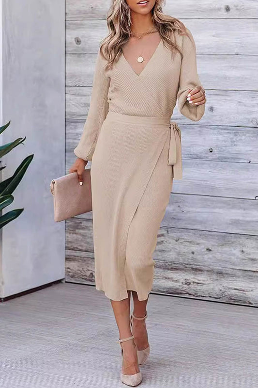V Neck Tie waist Slit Knit Dress