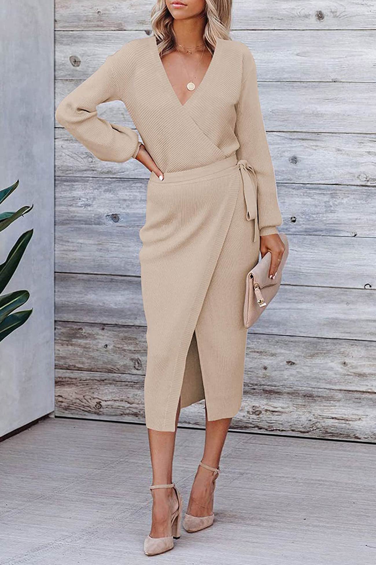 V Neck Tie waist Slit Knit Dress