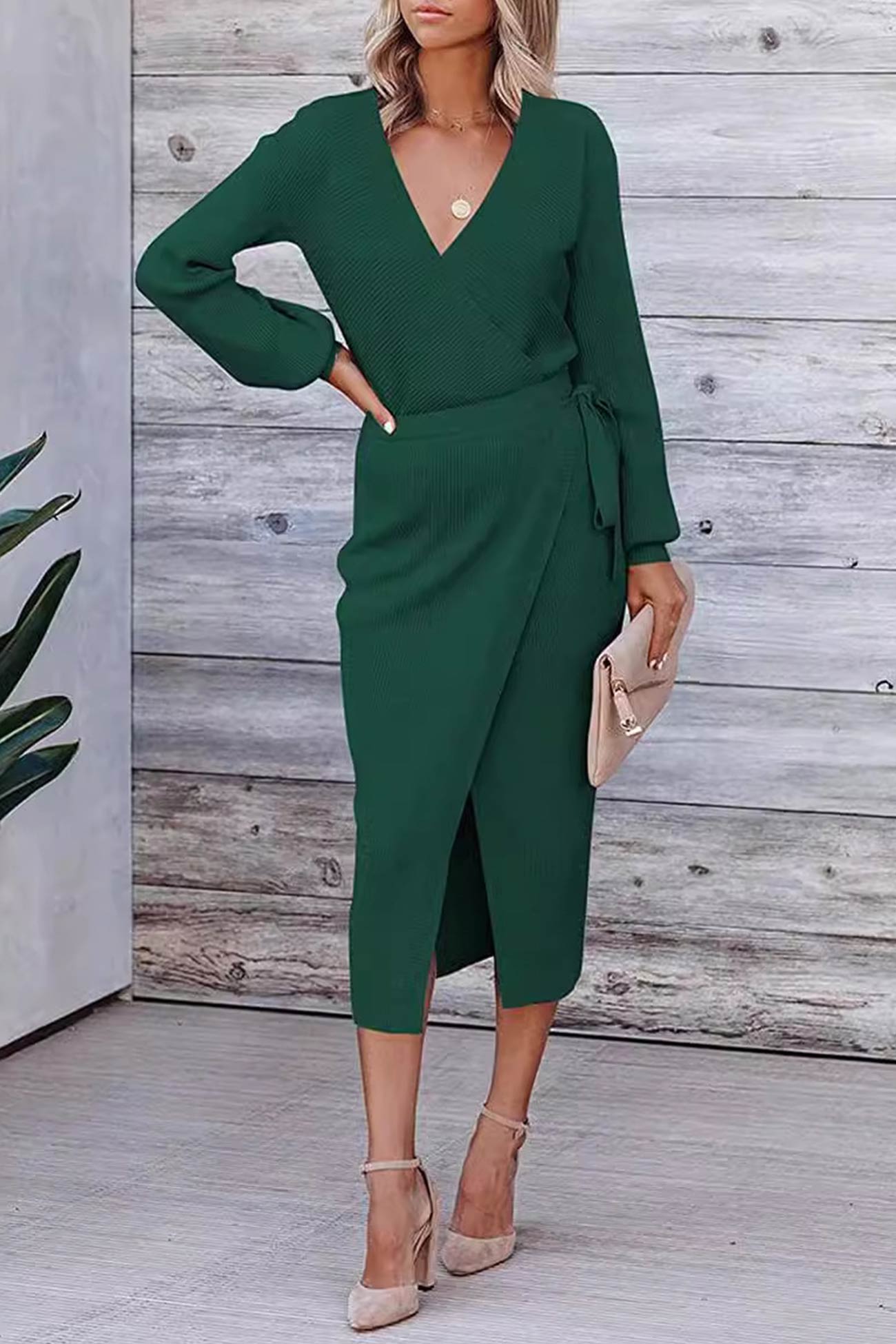 V Neck Tie waist Slit Knit Dress