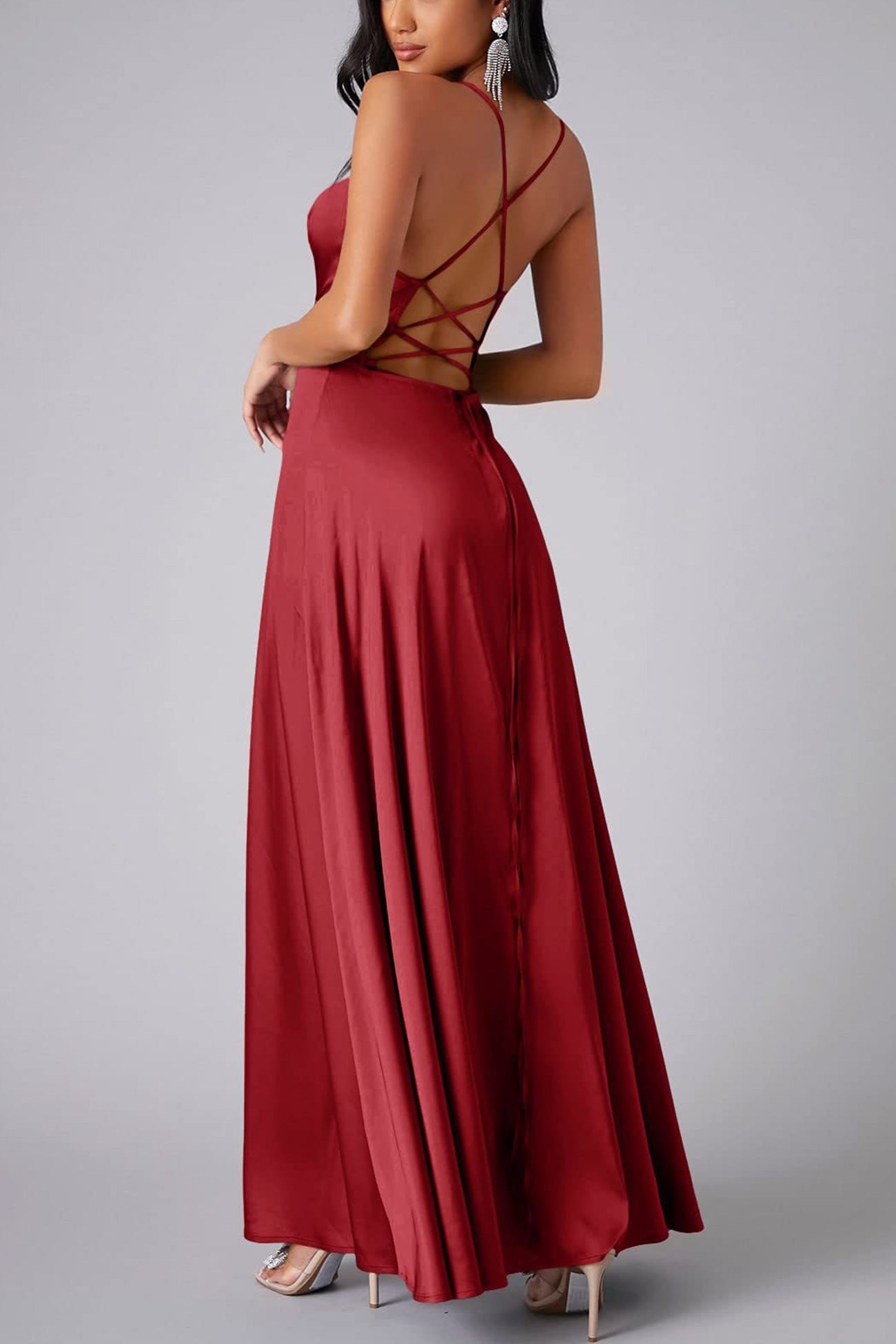 Satin Cowl Neck Tie Up Backless Slit Dress