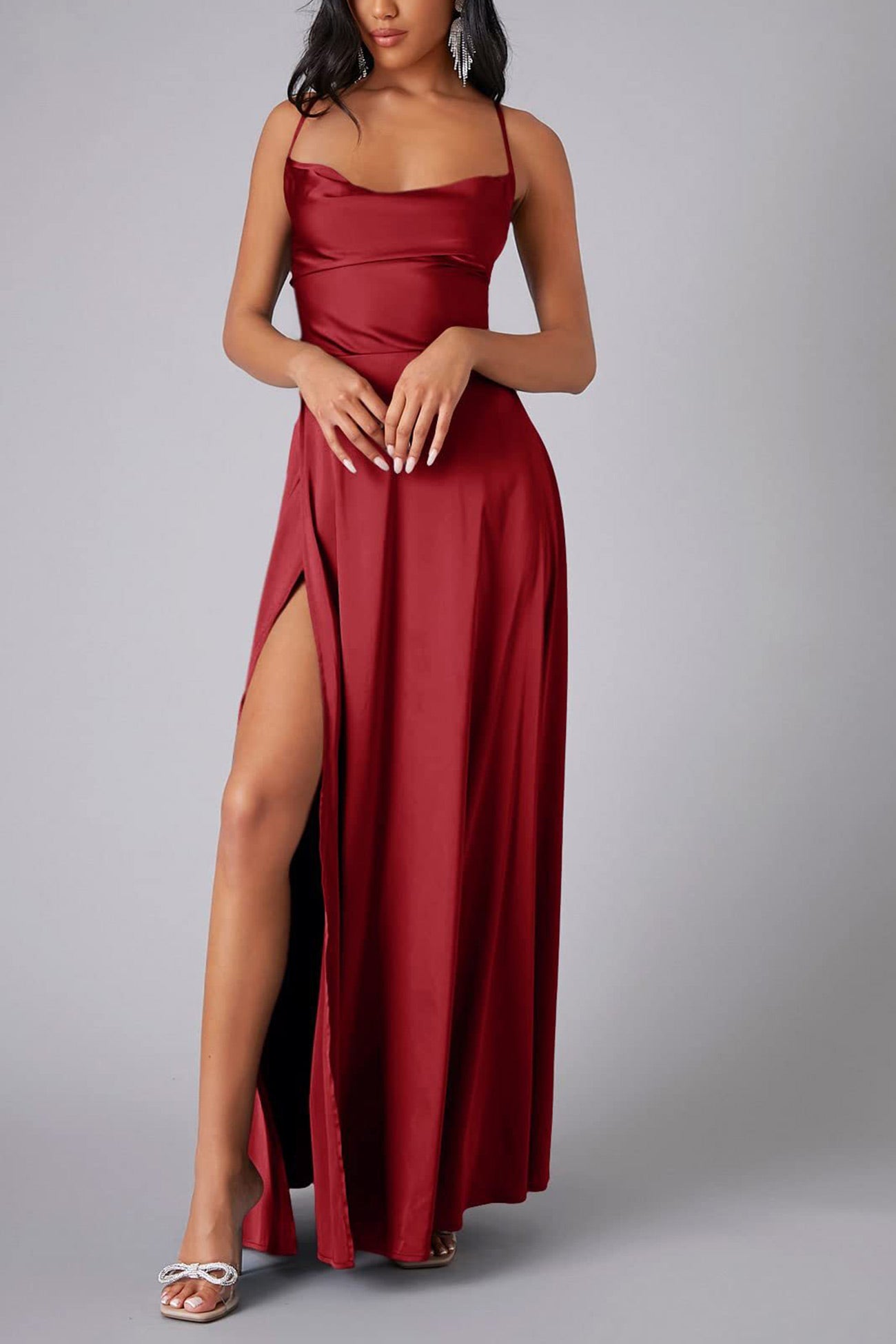 Satin Cowl Neck Tie Up Backless Slit Dress