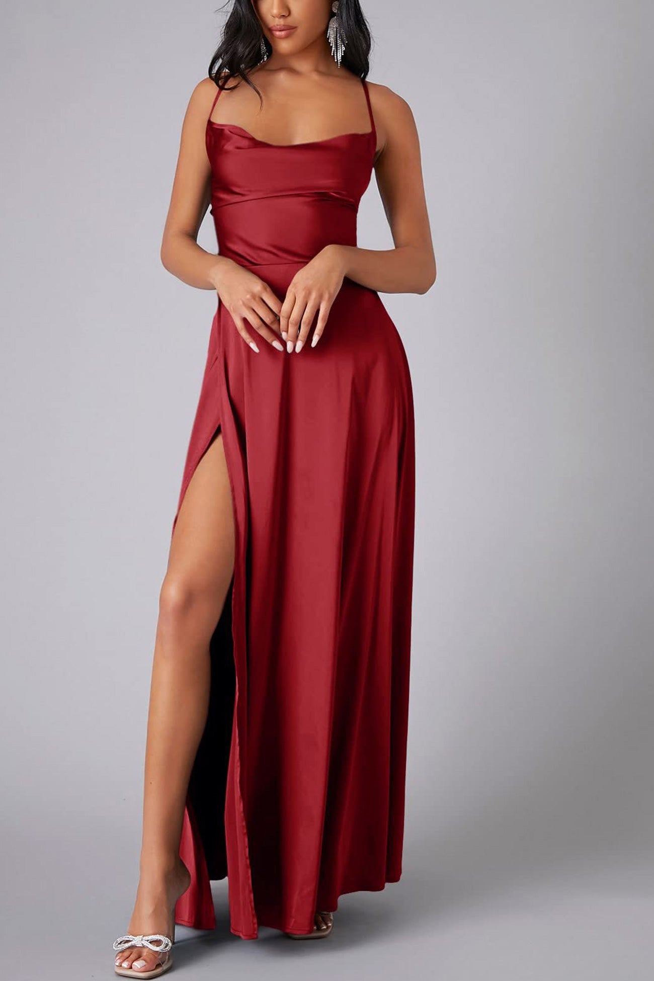Satin Cowl Neck Tie Up Backless Slit Dress