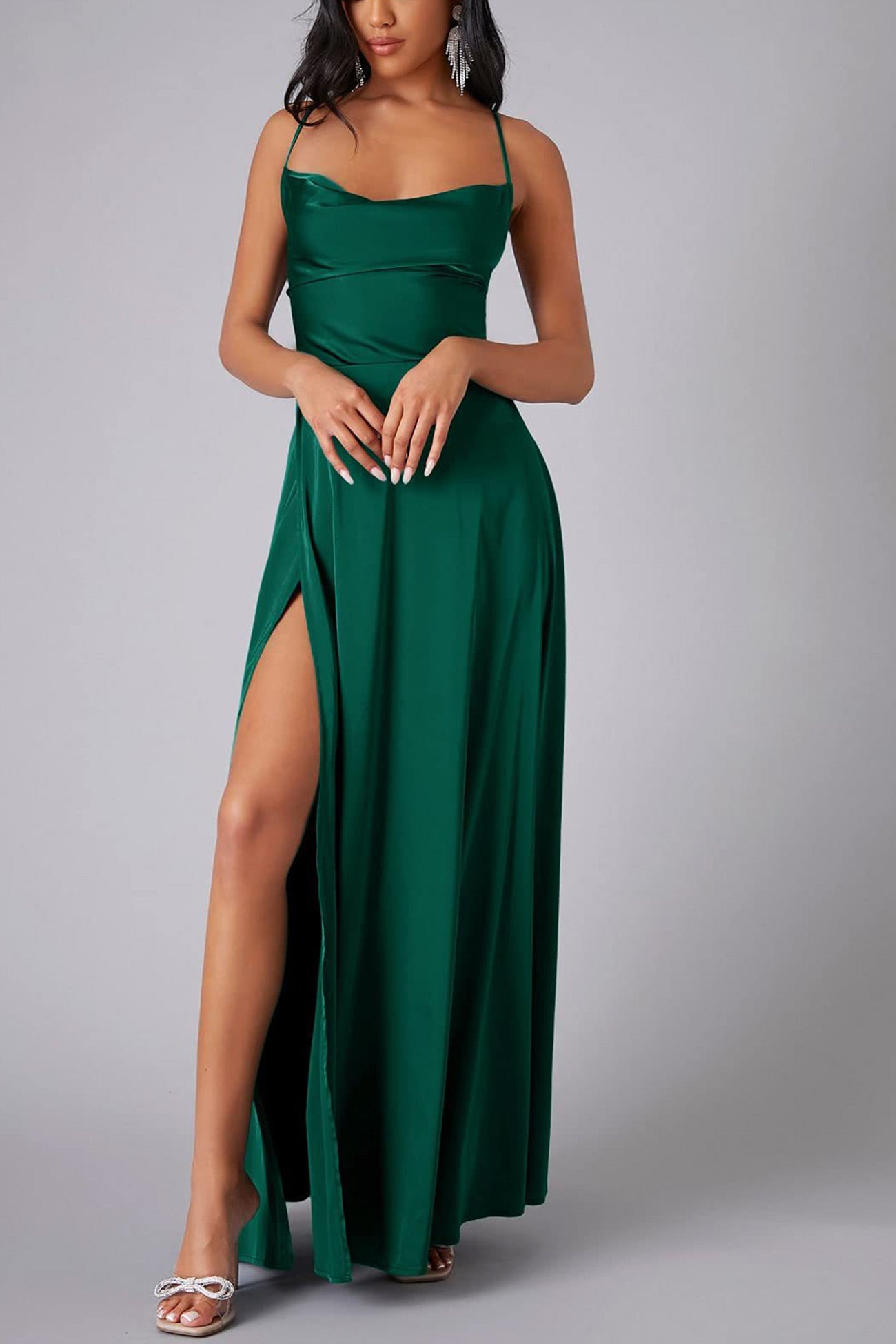 Satin Cowl Neck Tie Up Backless Slit Dress