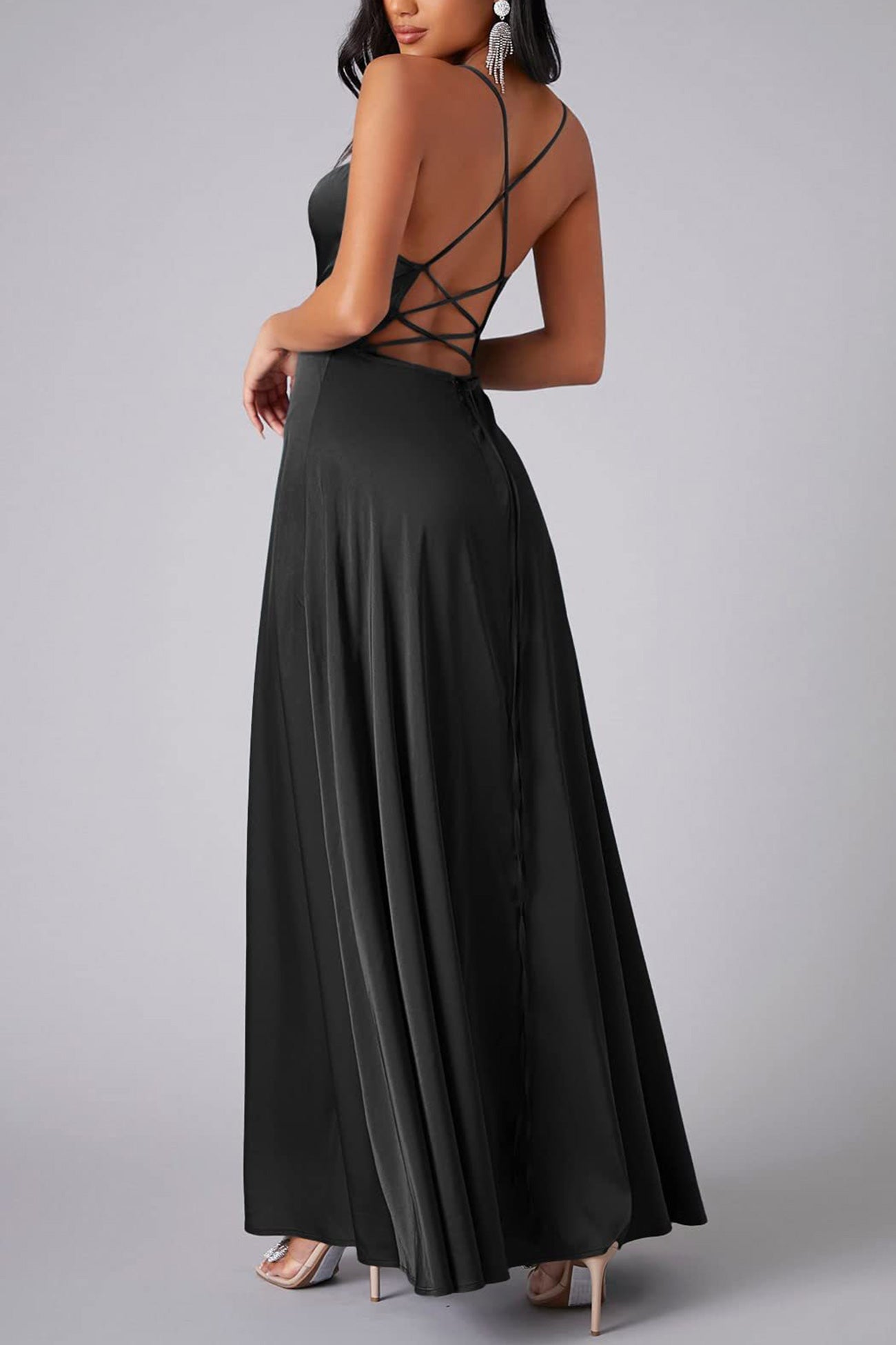 Satin Cowl Neck Tie Up Backless Slit Dress