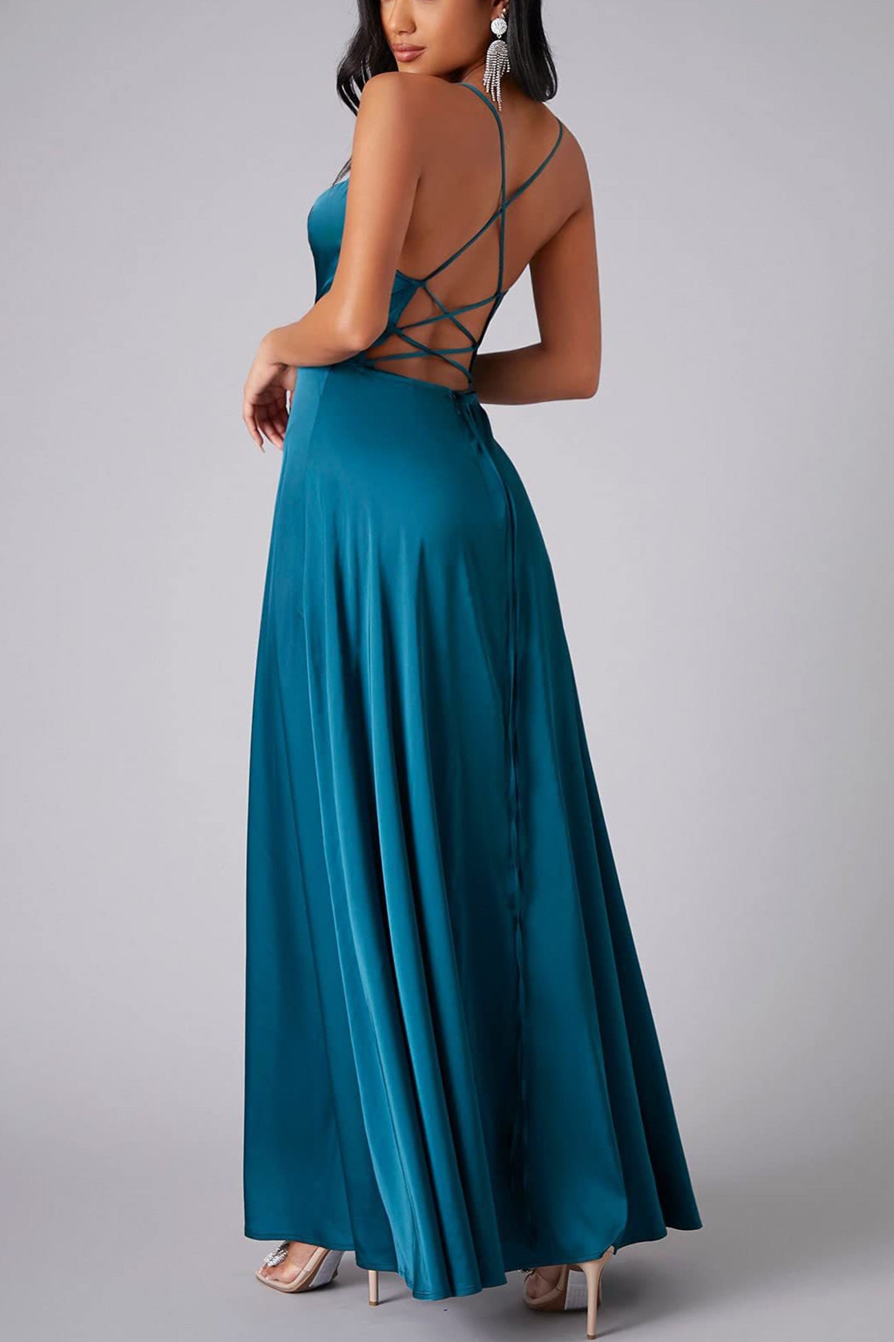 Satin Cowl Neck Tie Up Backless Slit Dress