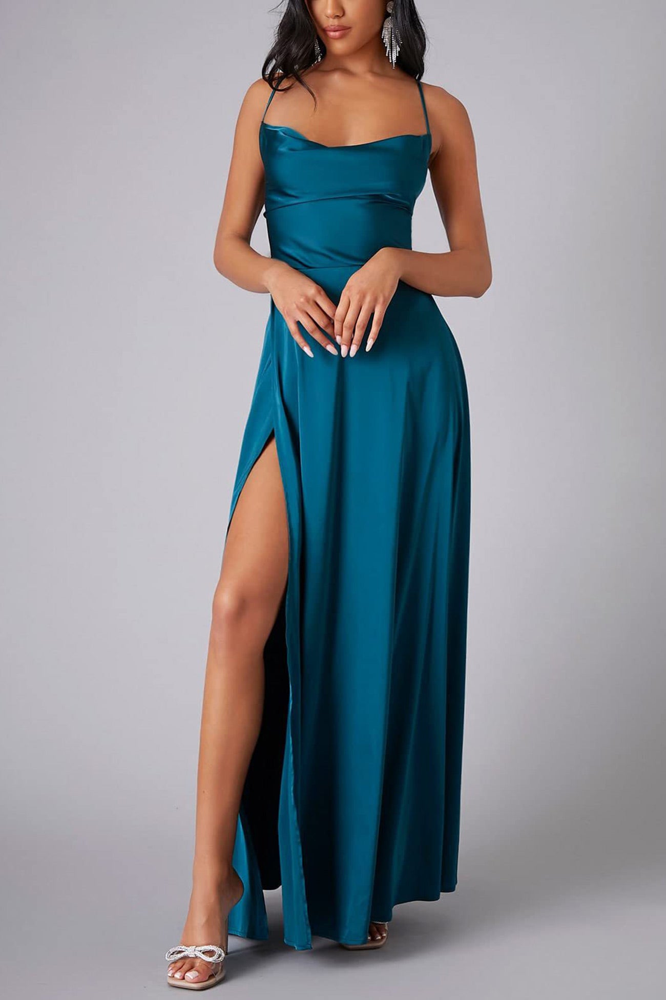 Satin Cowl Neck Tie Up Backless Slit Dress